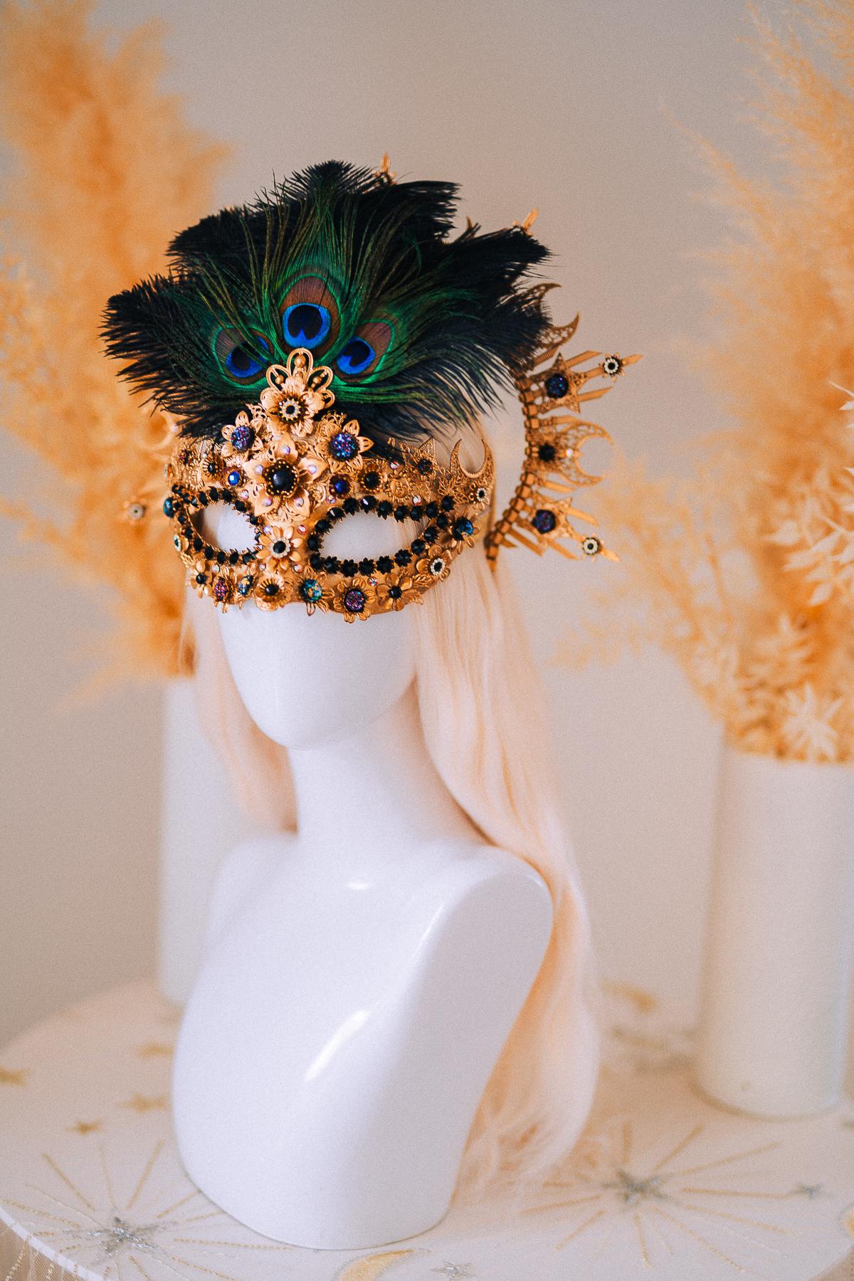 Gold Peacock Halo Crown Masquerade Set Venetian Mask Crown Black Crystal Costume Headpiece