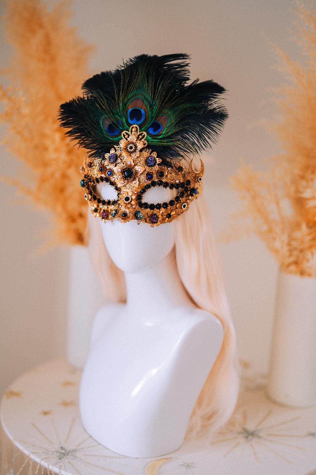 Gold Peacock Halo Crown Masquerade Set Venetian Mask Crown Black Crystal Costume Headpiece