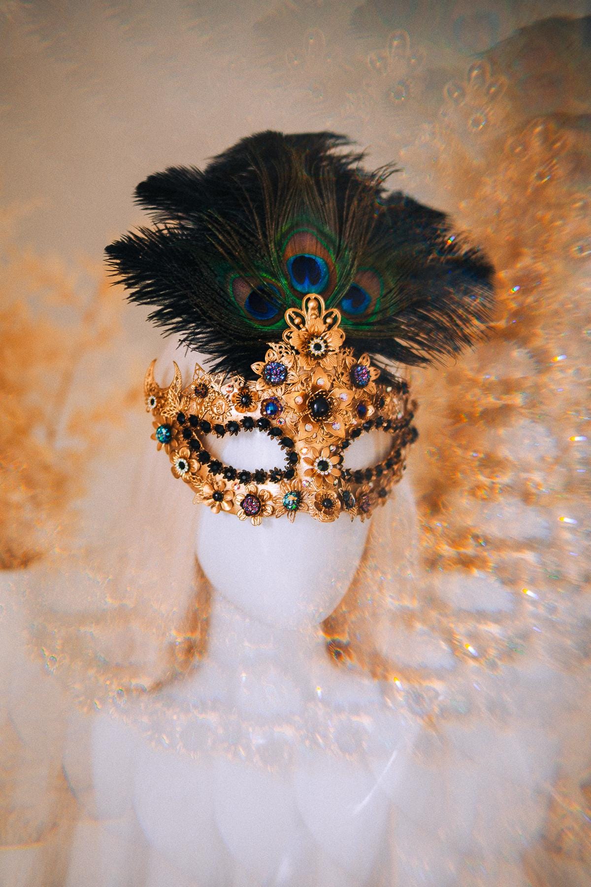 Gold Peacock Halo Crown Masquerade Set Venetian Mask Crown Black Crystal Costume Headpiece