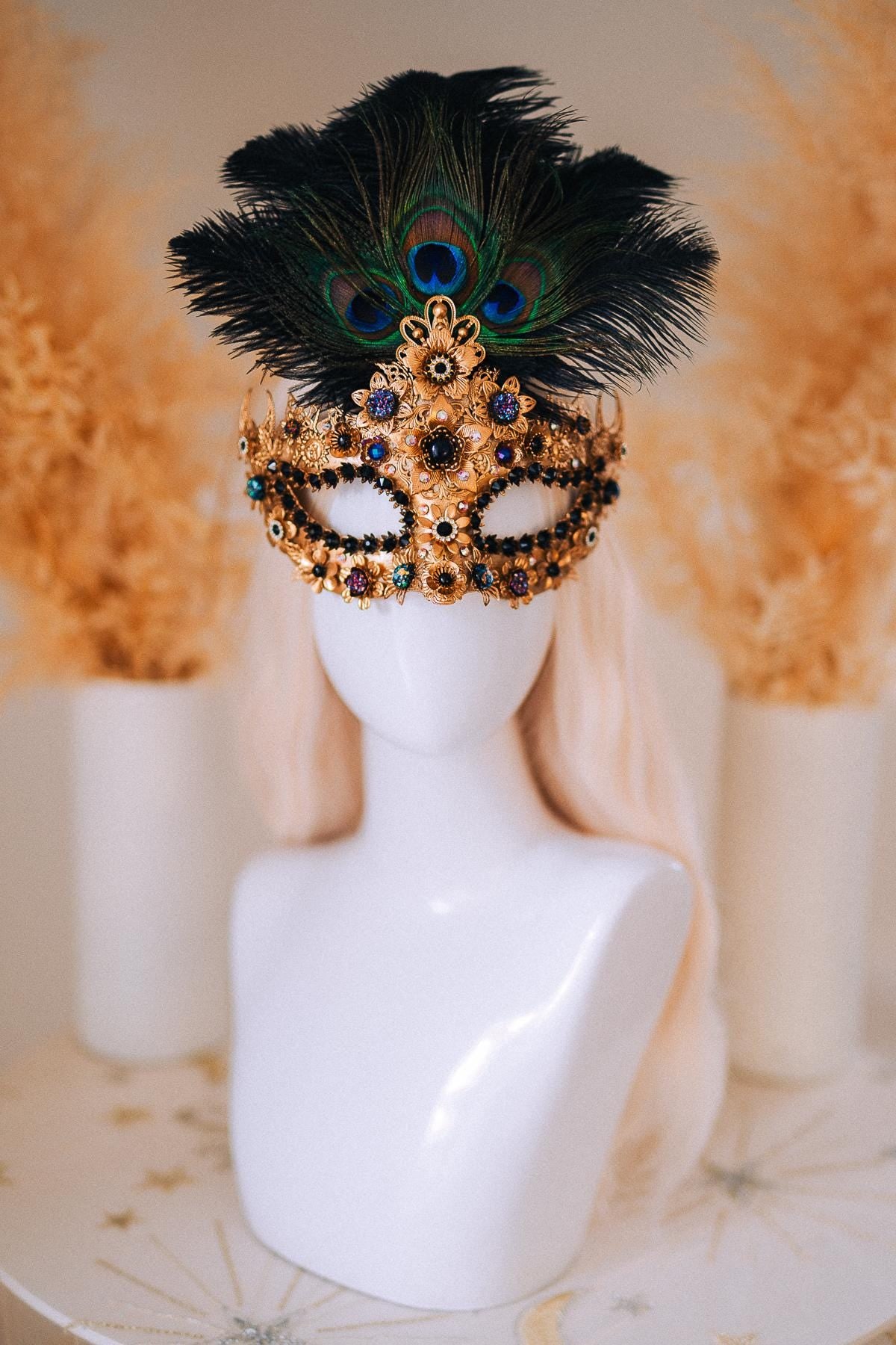 Gold Peacock Halo Crown Masquerade Set Venetian Mask Crown Black Crystal Costume Headpiece