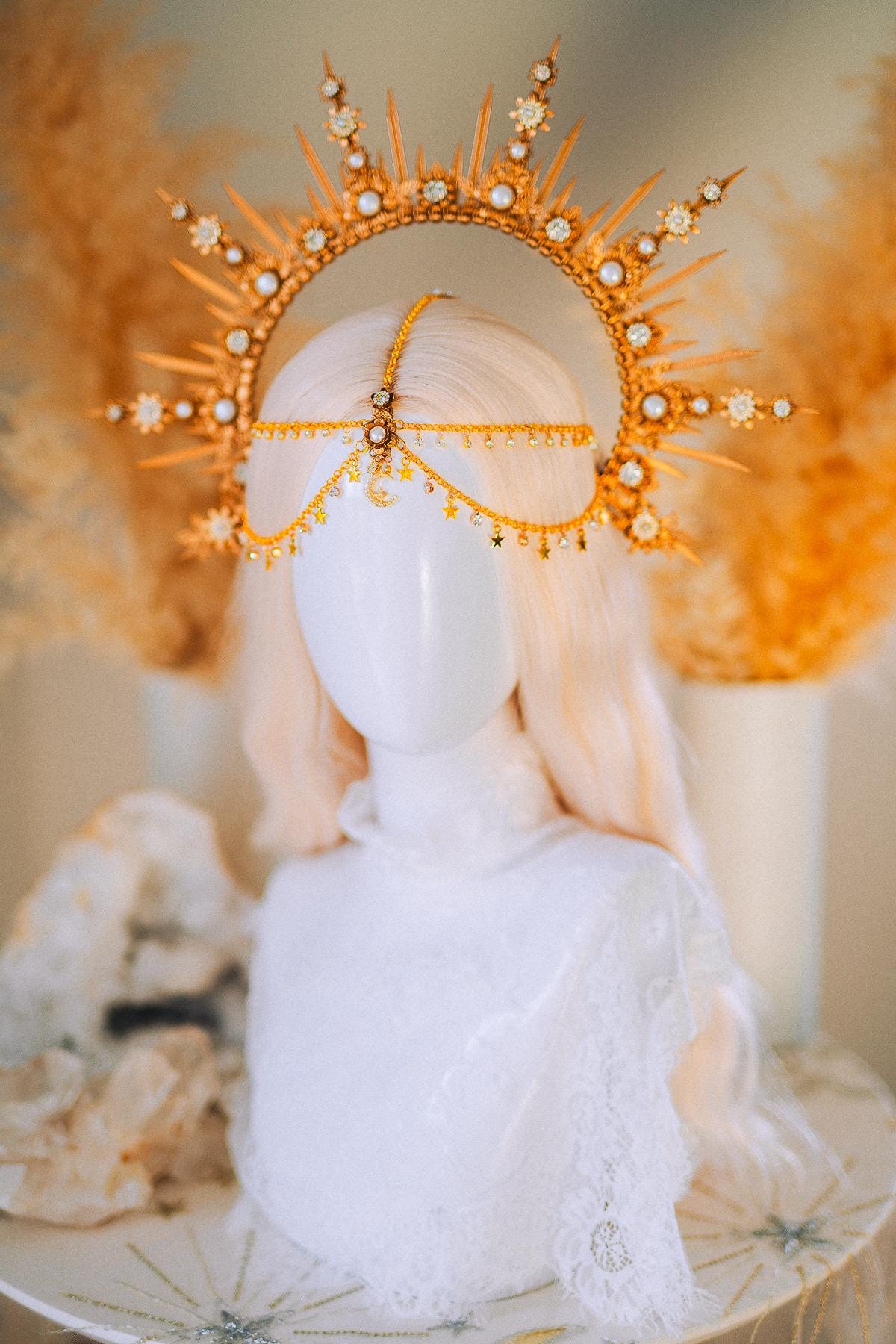 Boho Wedding Halo Crown Gold Sunburst Tiara Celestial Bridal Headpiece