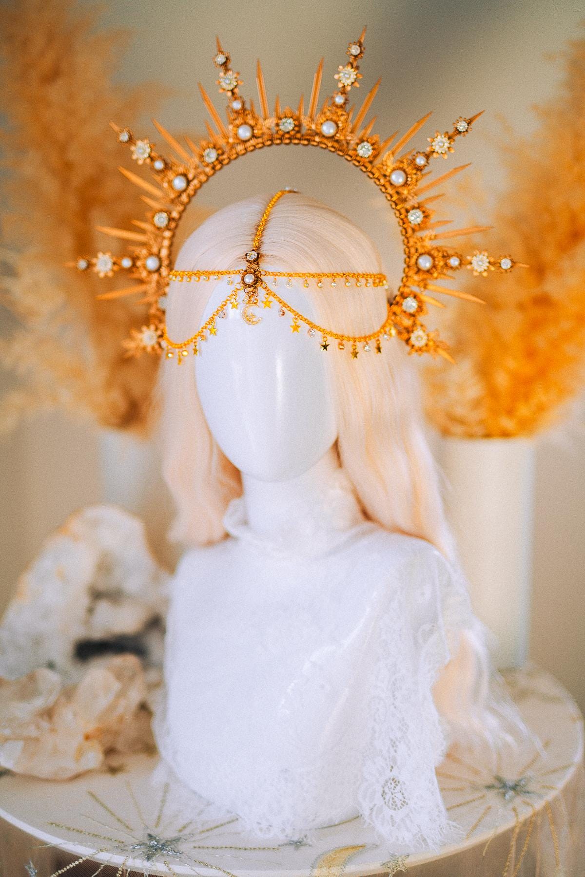 Boho Wedding Halo Crown Gold Sunburst Tiara Celestial Bridal Headpiece