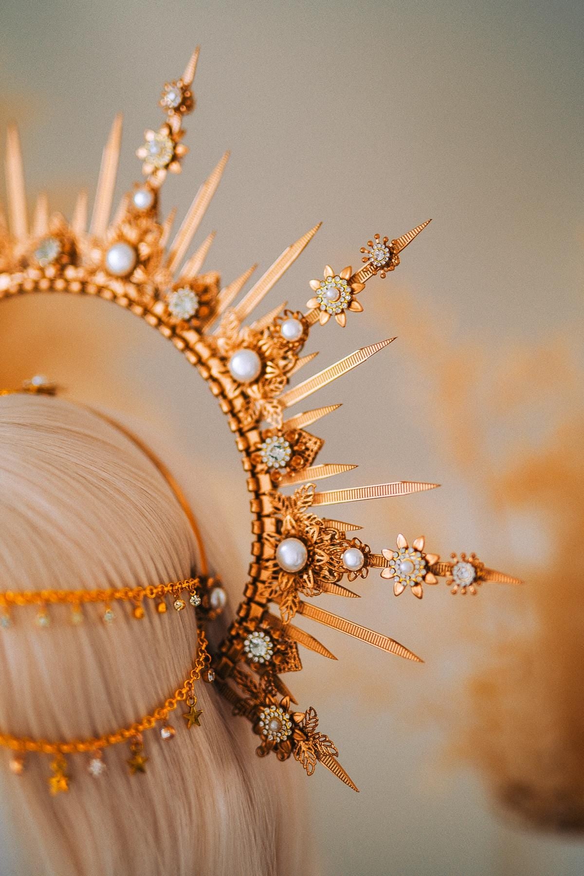 Boho Wedding Halo Crown Gold Sunburst Tiara Celestial Bridal Headpiece