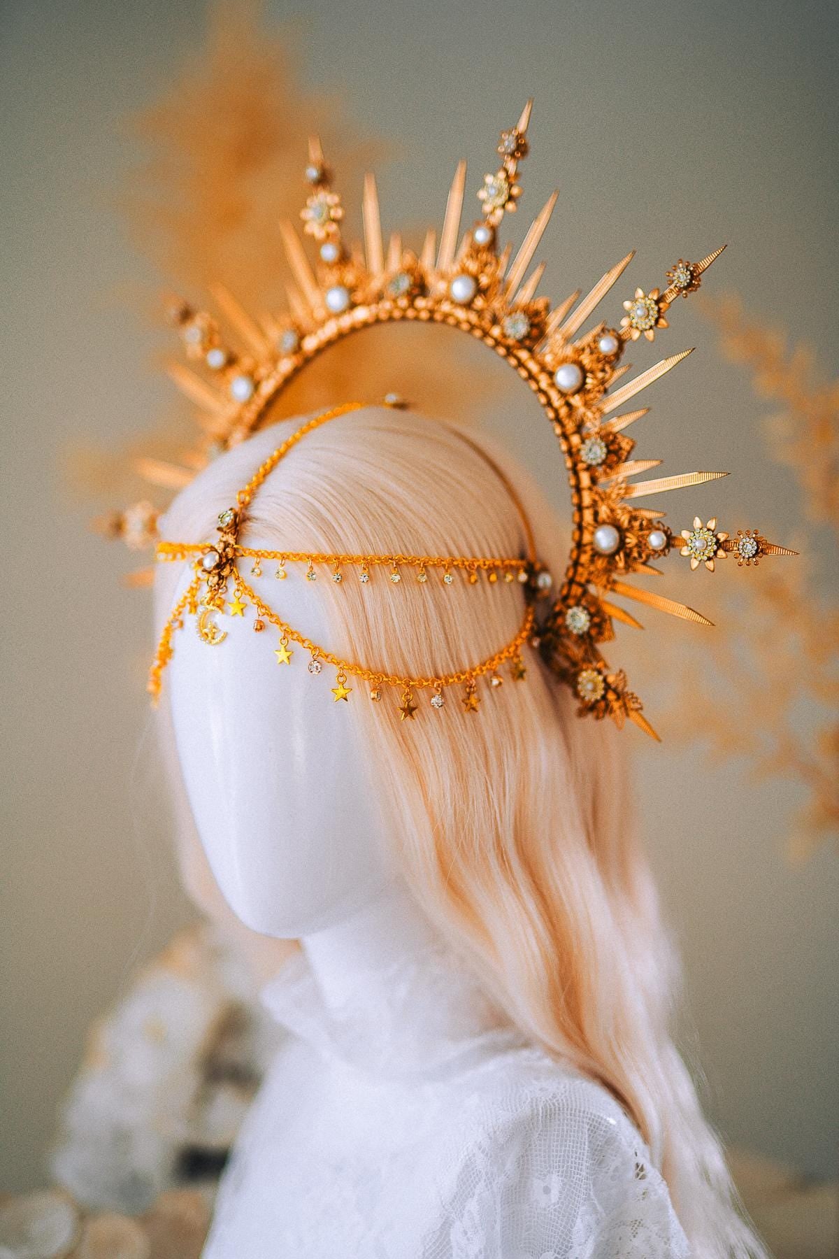 Boho Wedding Halo Crown Gold Sunburst Tiara Celestial Bridal Headpiece
