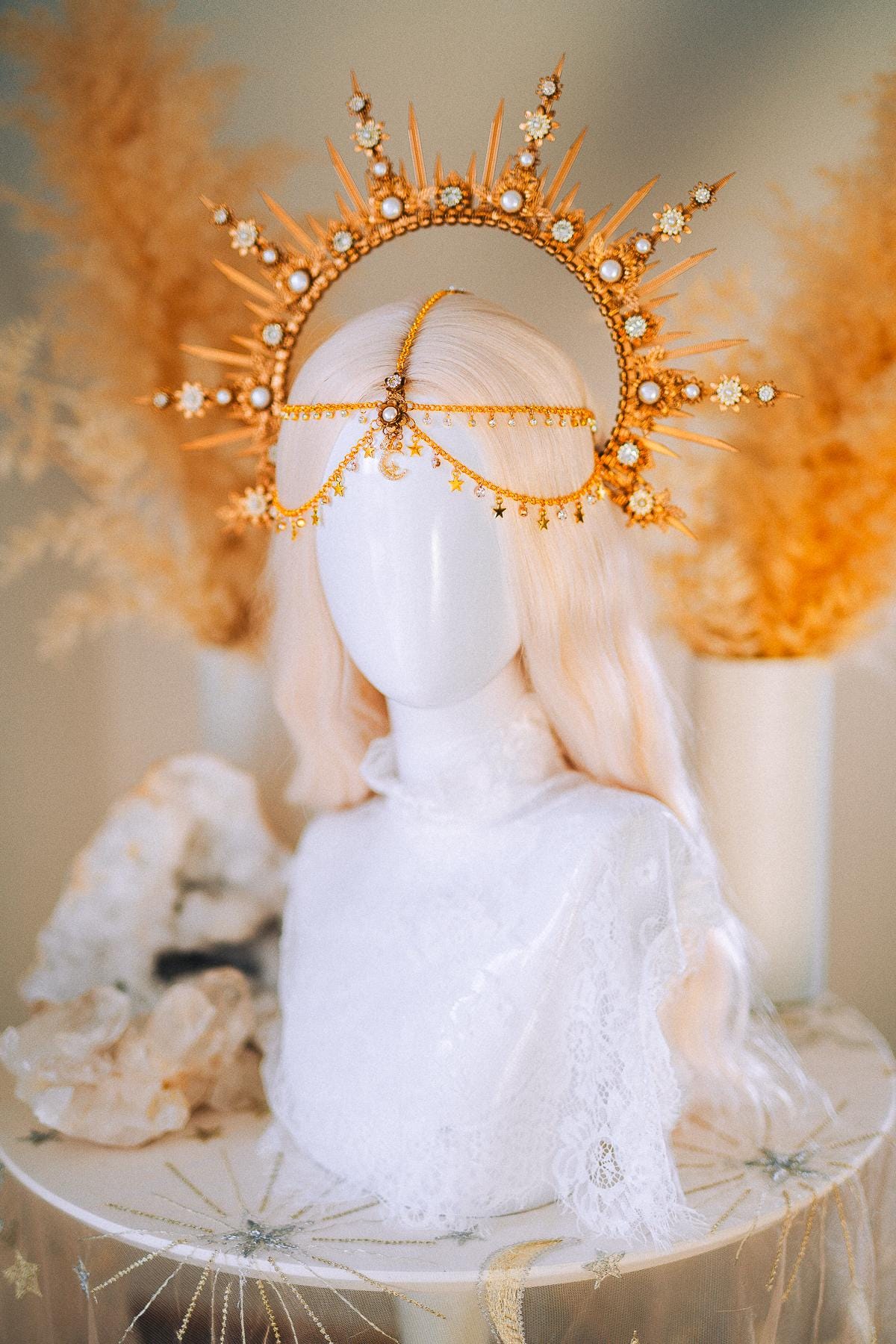 Boho Wedding Halo Crown Gold Sunburst Tiara Celestial Bridal Headpiece