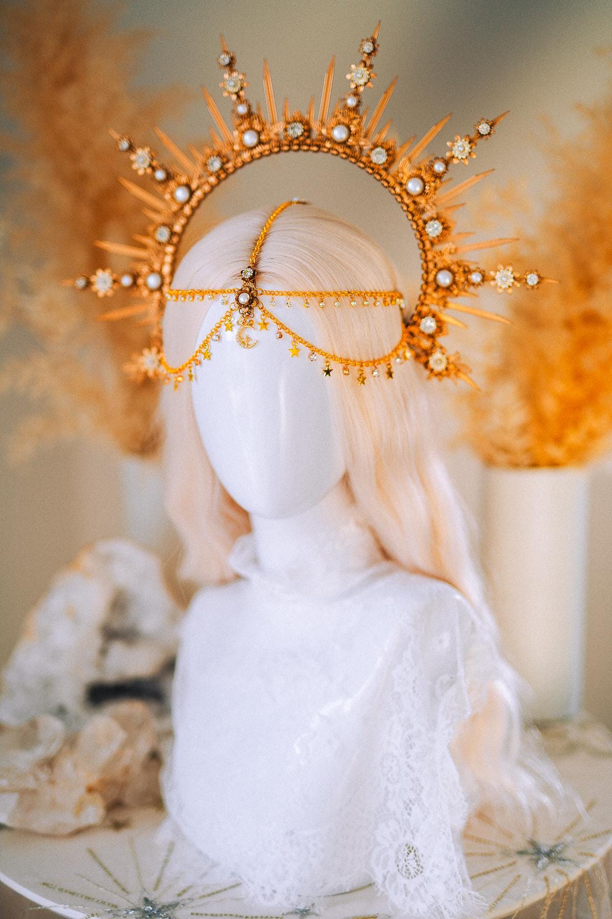 Boho Wedding Halo Crown Gold Sunburst Tiara Celestial Bridal Headpiece