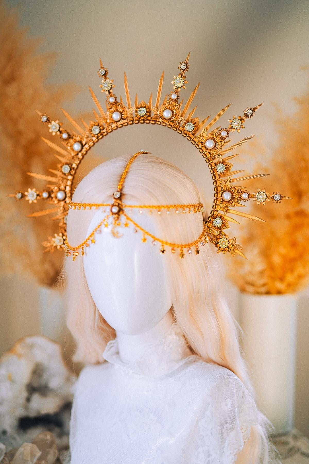 Boho Wedding Halo Crown Gold Sunburst Tiara Celestial Bridal Headpiece
