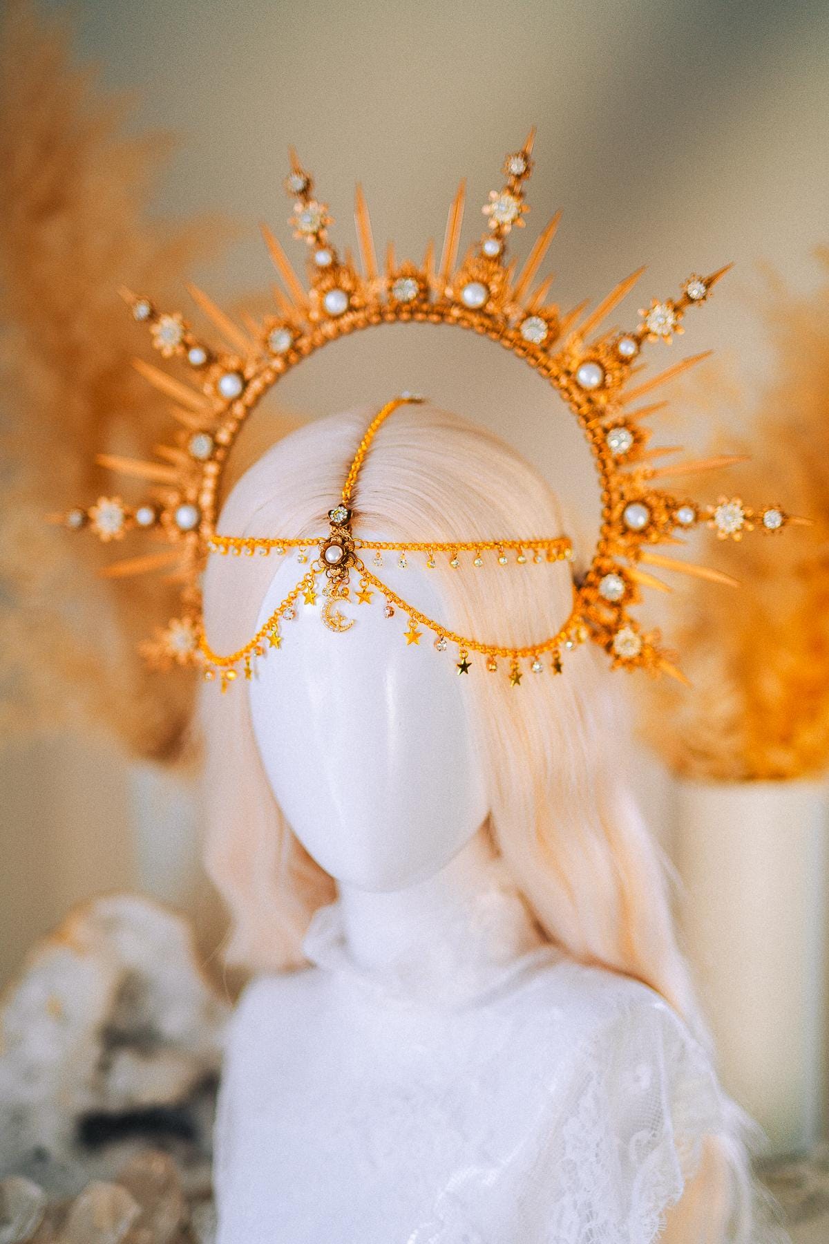 Boho Wedding Halo Crown Gold Sunburst Tiara Celestial Bridal Headpiece