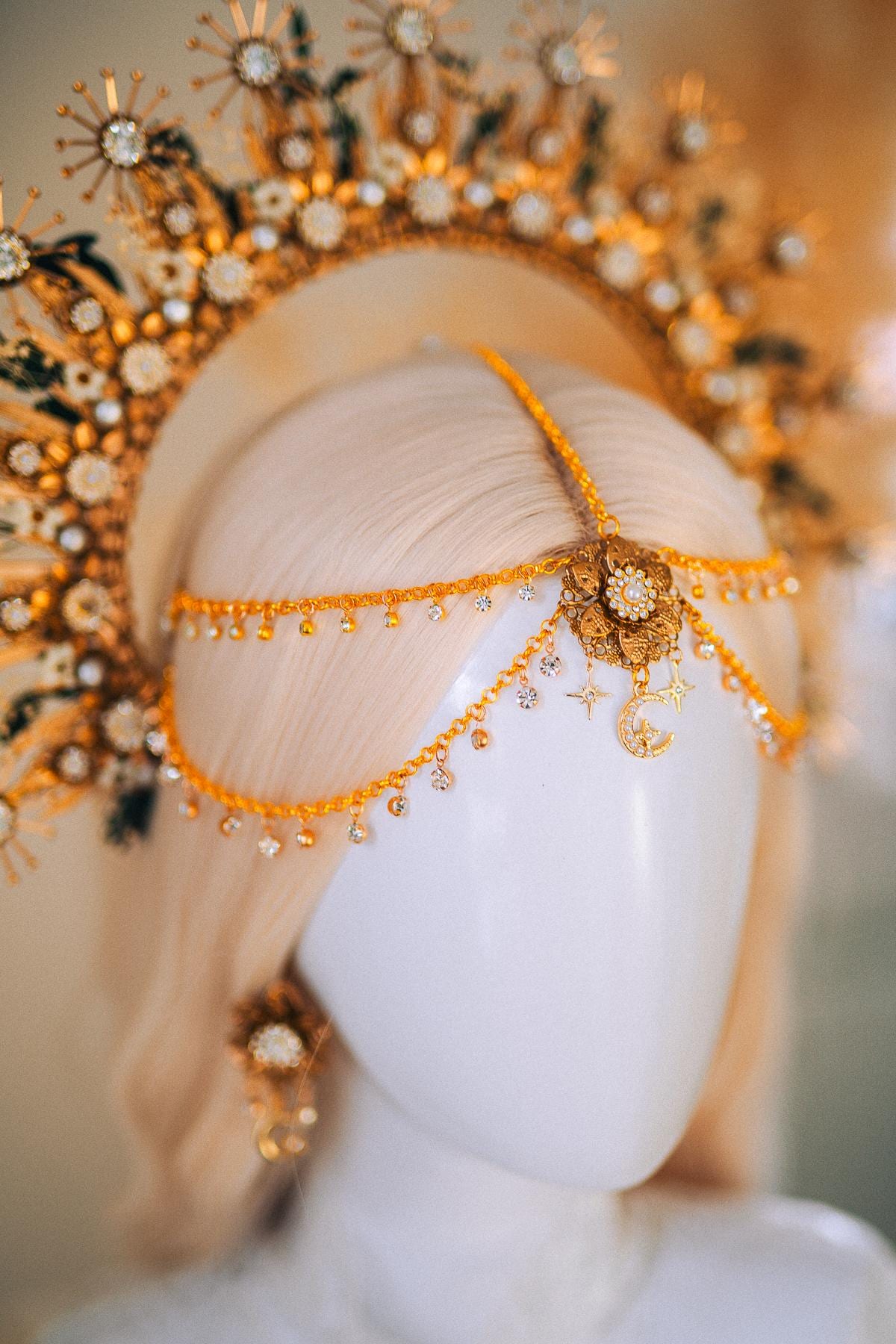 Gold Halo Crown with Pearls, Boho Bridal Headpiece, Gypsophila and Eucalyptus
