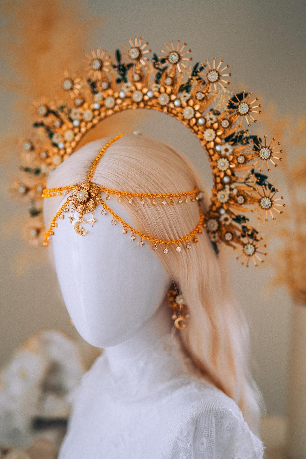 Gold Halo Crown with Pearls, Boho Bridal Headpiece, Gypsophila and Eucalyptus