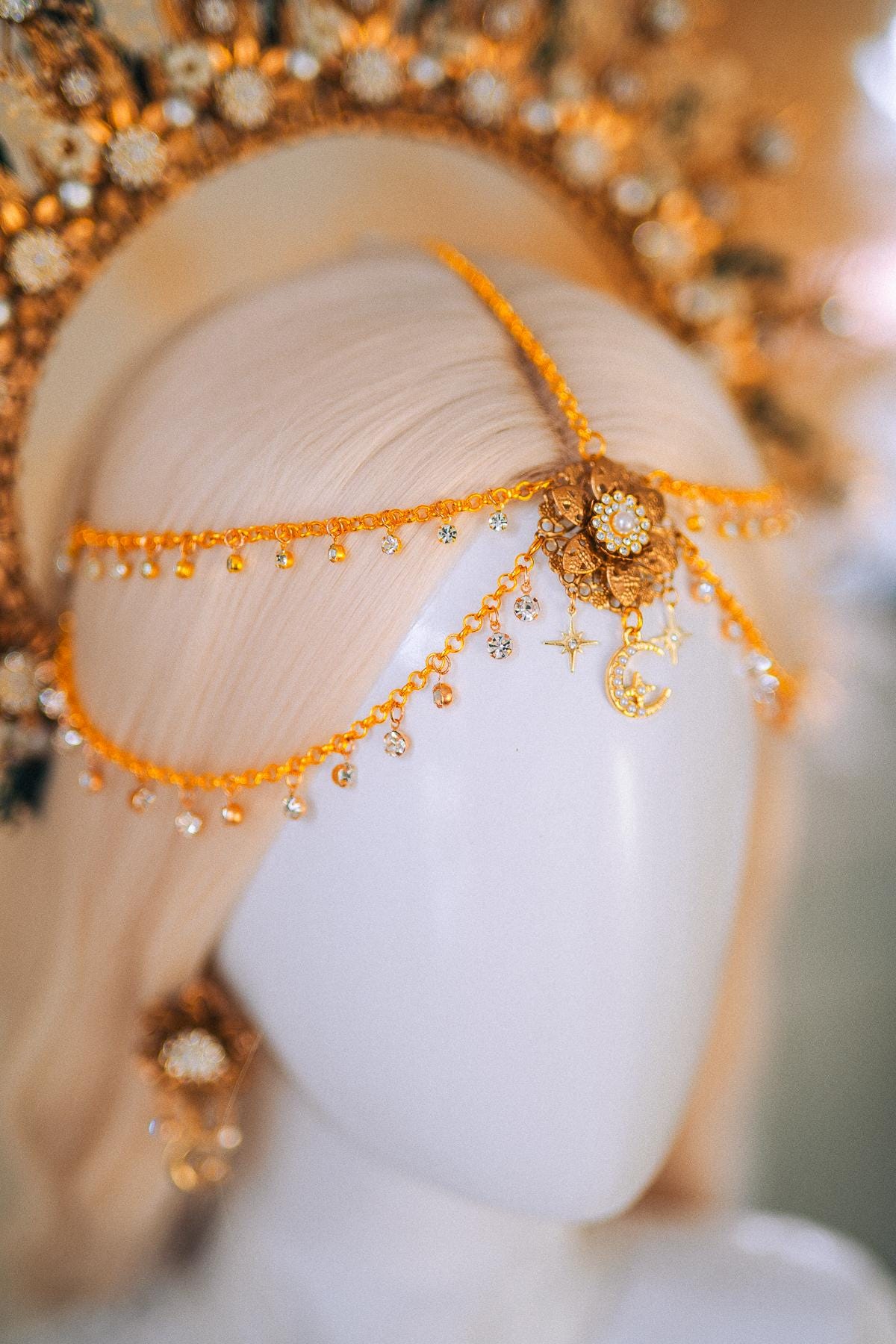 Gold Halo Crown with Pearls, Boho Bridal Headpiece, Gypsophila and Eucalyptus