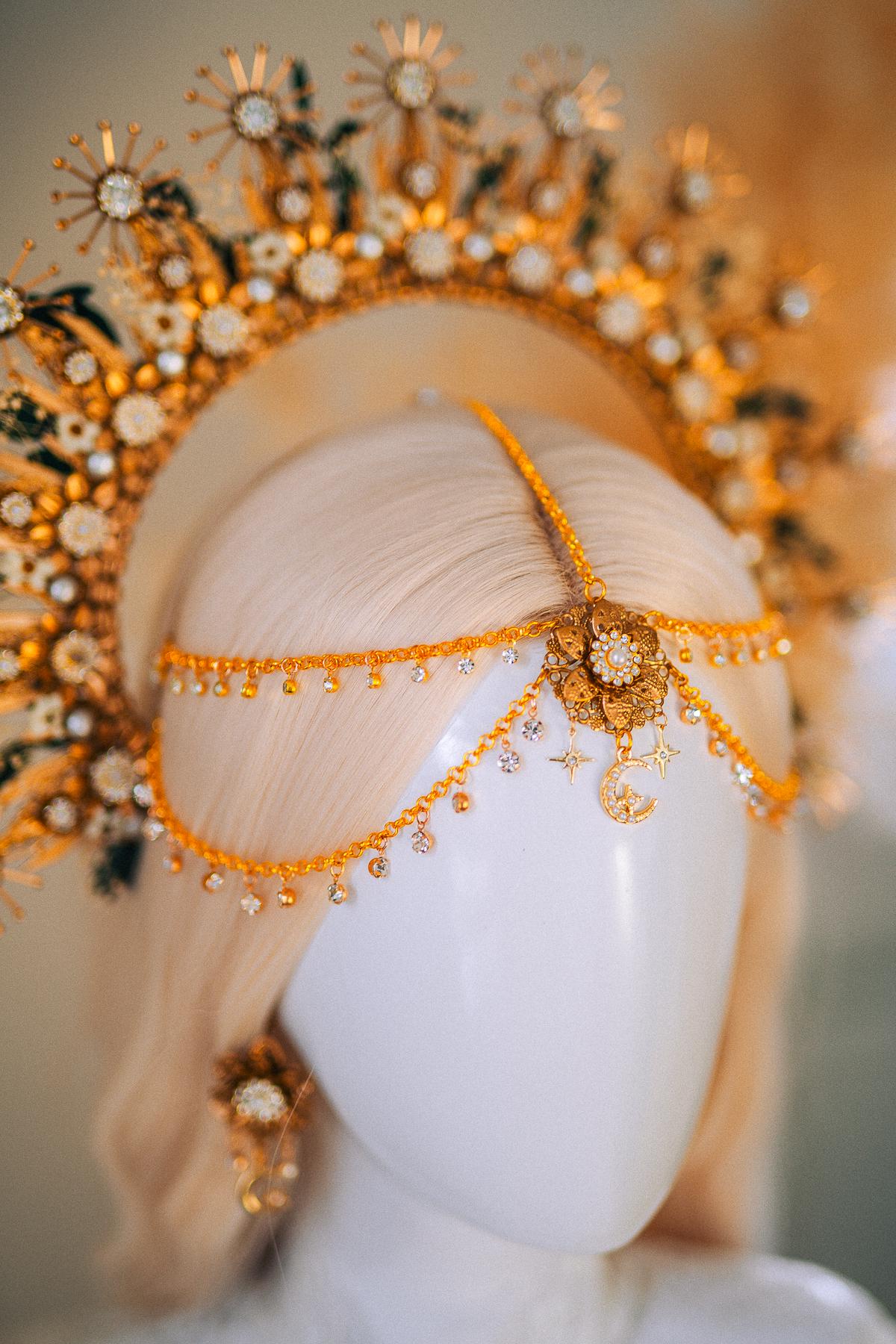 Gold Halo Crown with Pearls, Boho Bridal Headpiece, Gypsophila and Eucalyptus