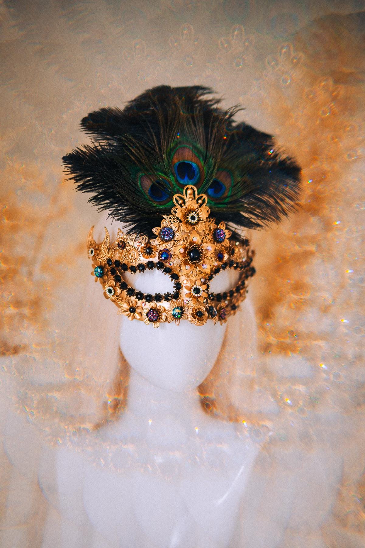 Gold Peacock Masquerade Mask: Venetian Feather Crystal Costume Accessory