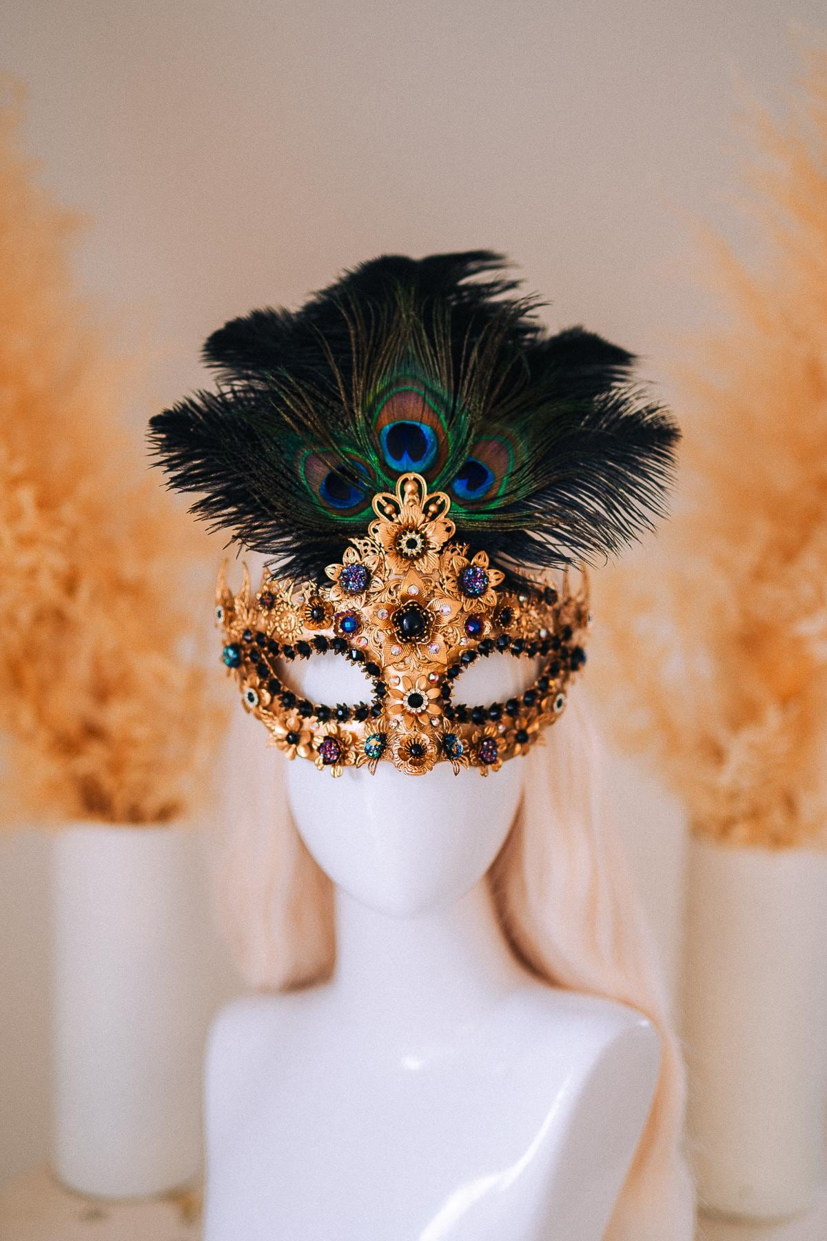 Gold Peacock Masquerade Mask: Venetian Feather Crystal Costume Accessory