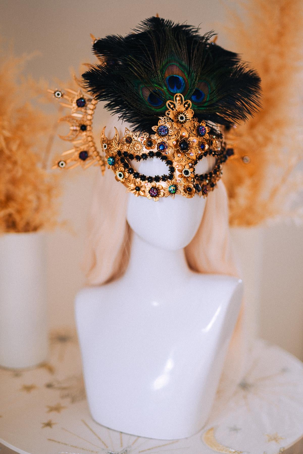 Gold Peacock Masquerade Mask: Venetian Feather Crystal Costume Accessory