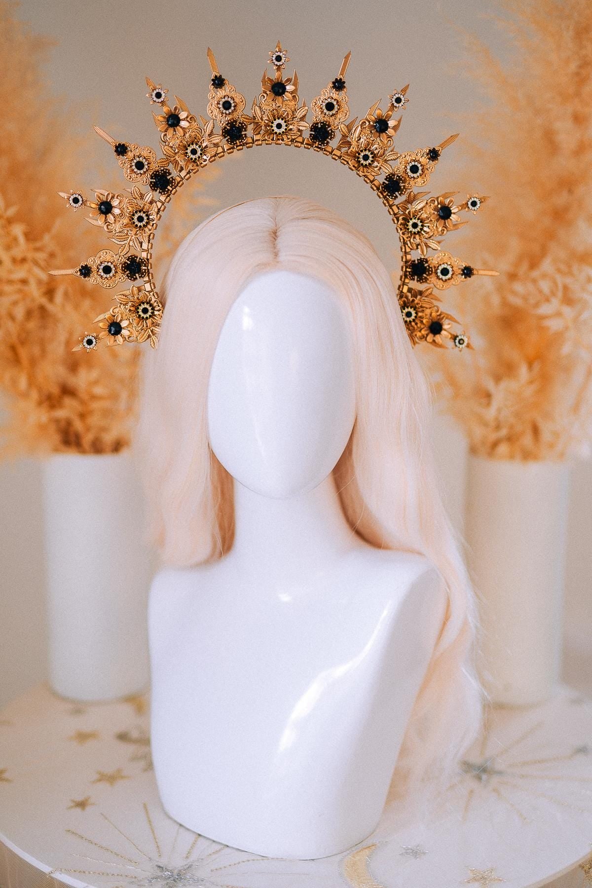 Gold Celestial Halo Crown with Black Crystals, Venetian Masquerade Headpiece