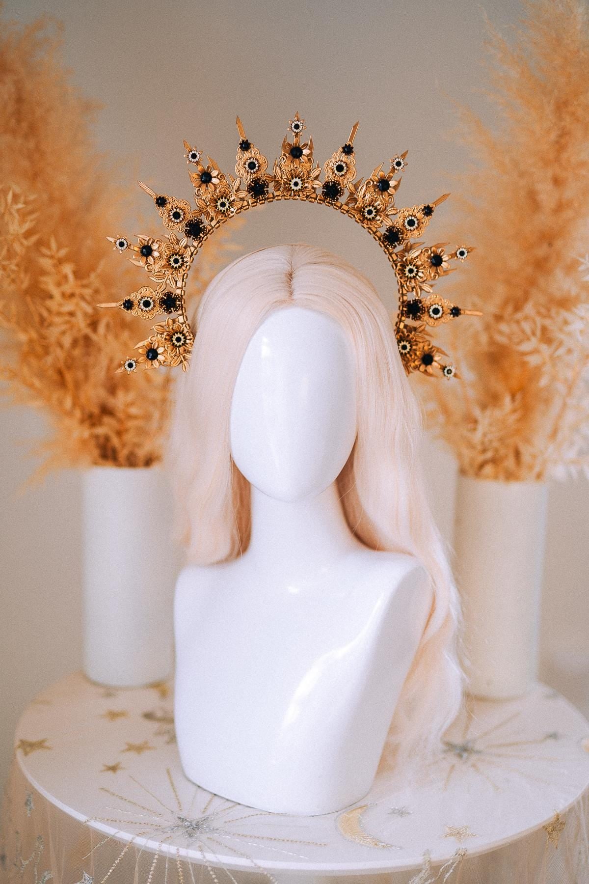 Gold Celestial Halo Crown with Black Crystals, Venetian Masquerade Headpiece