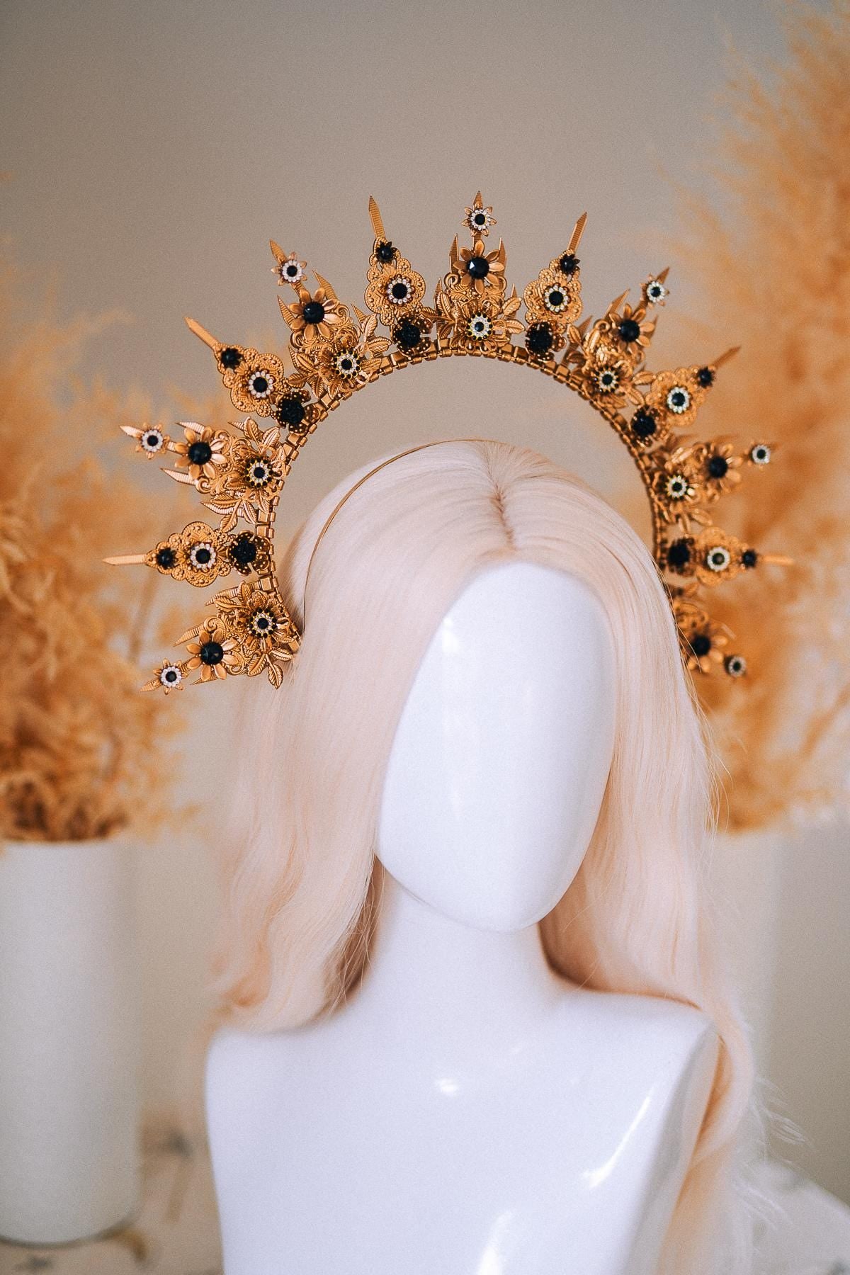 Gold Celestial Halo Crown with Black Crystals, Venetian Masquerade Headpiece