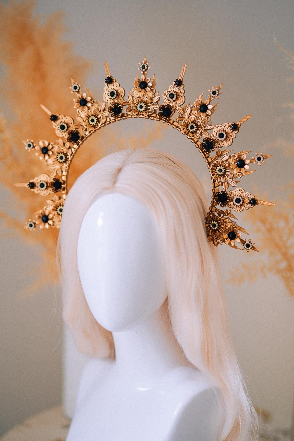 Gold Celestial Halo Crown with Black Crystals, Venetian Masquerade Headpiece