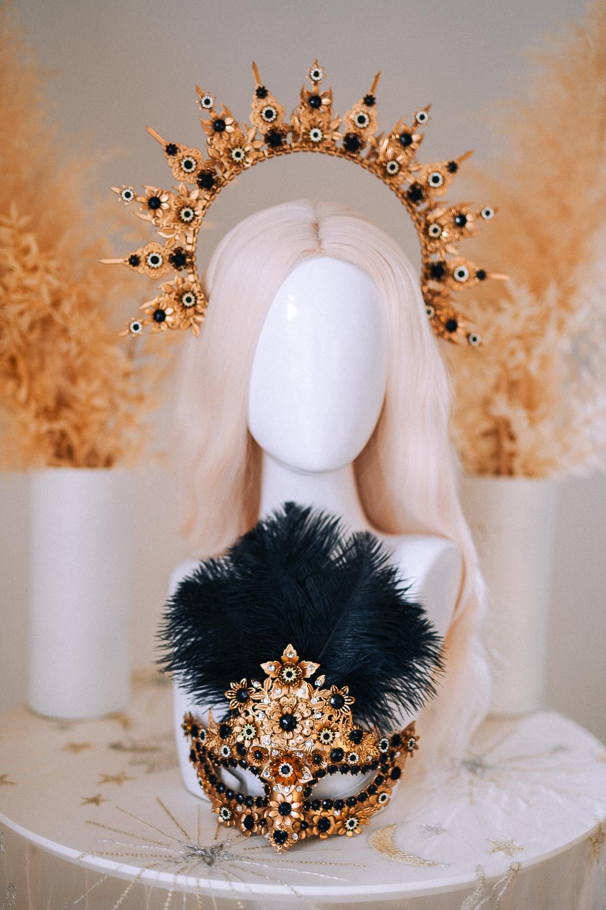 Gold Celestial Halo Crown with Black Crystals, Venetian Masquerade Headpiece