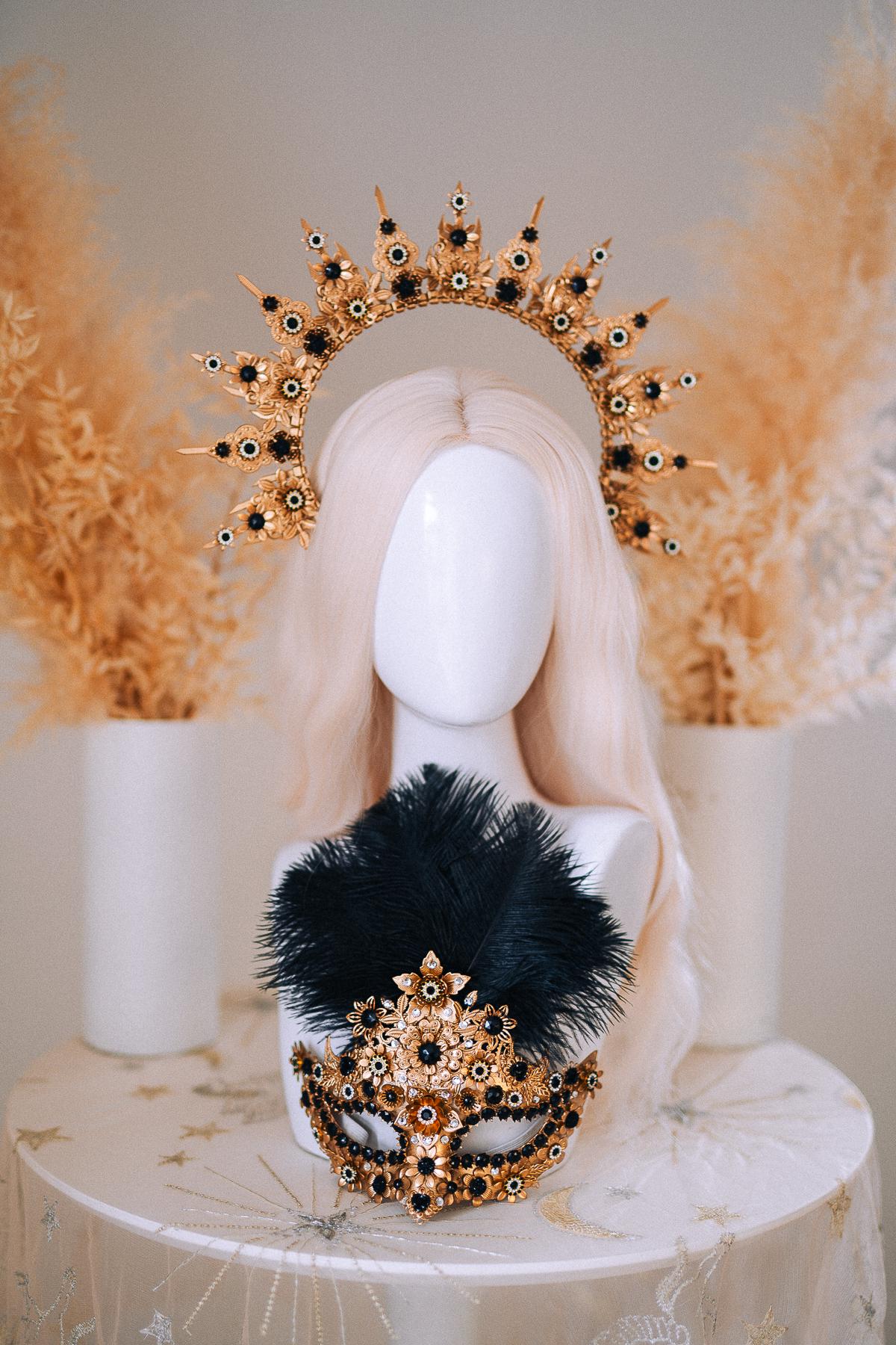Gold Celestial Halo Crown with Black Crystals, Venetian Masquerade Headpiece