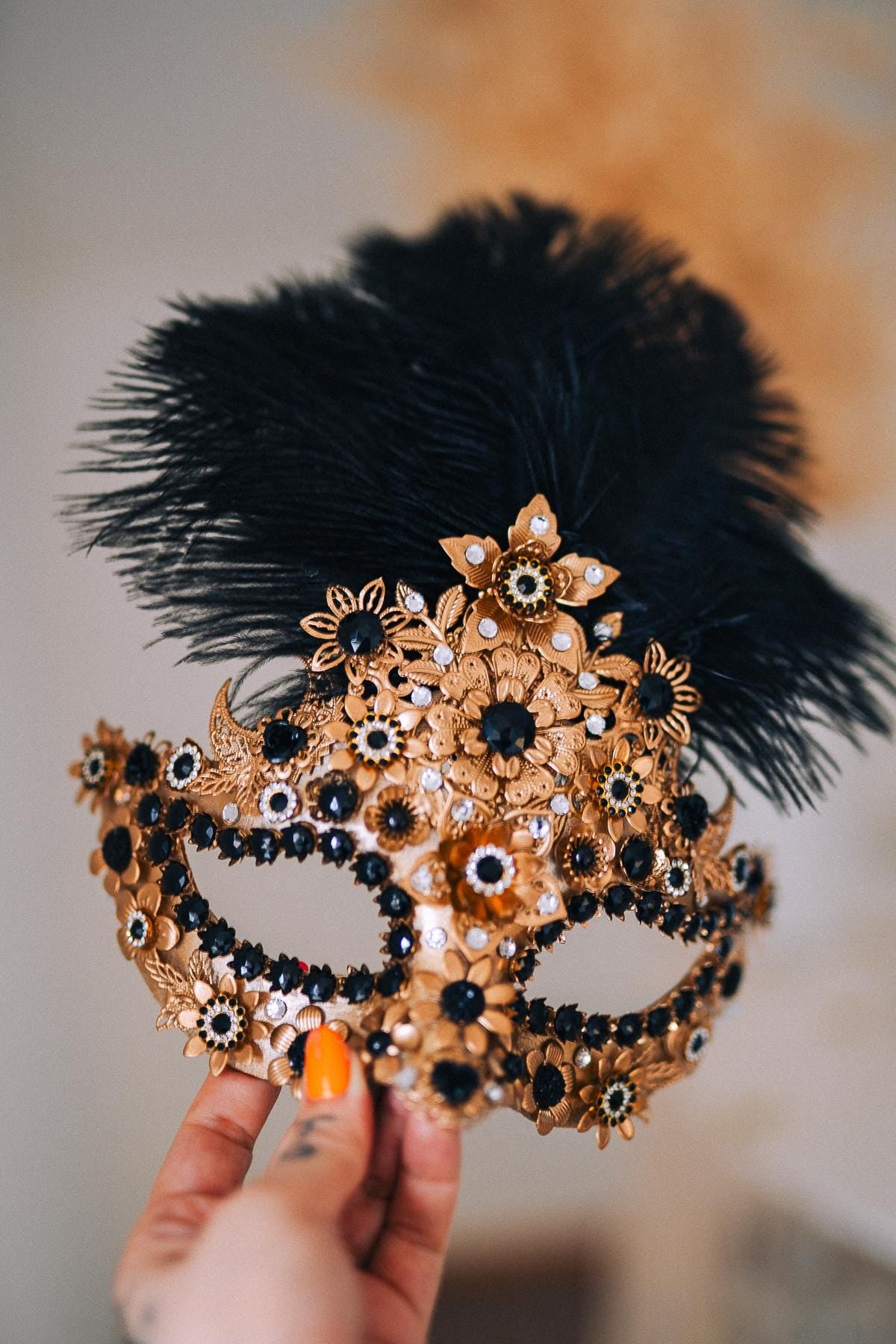 Gold Celestial Halo Crown with Black Crystals, Venetian Masquerade Headpiece