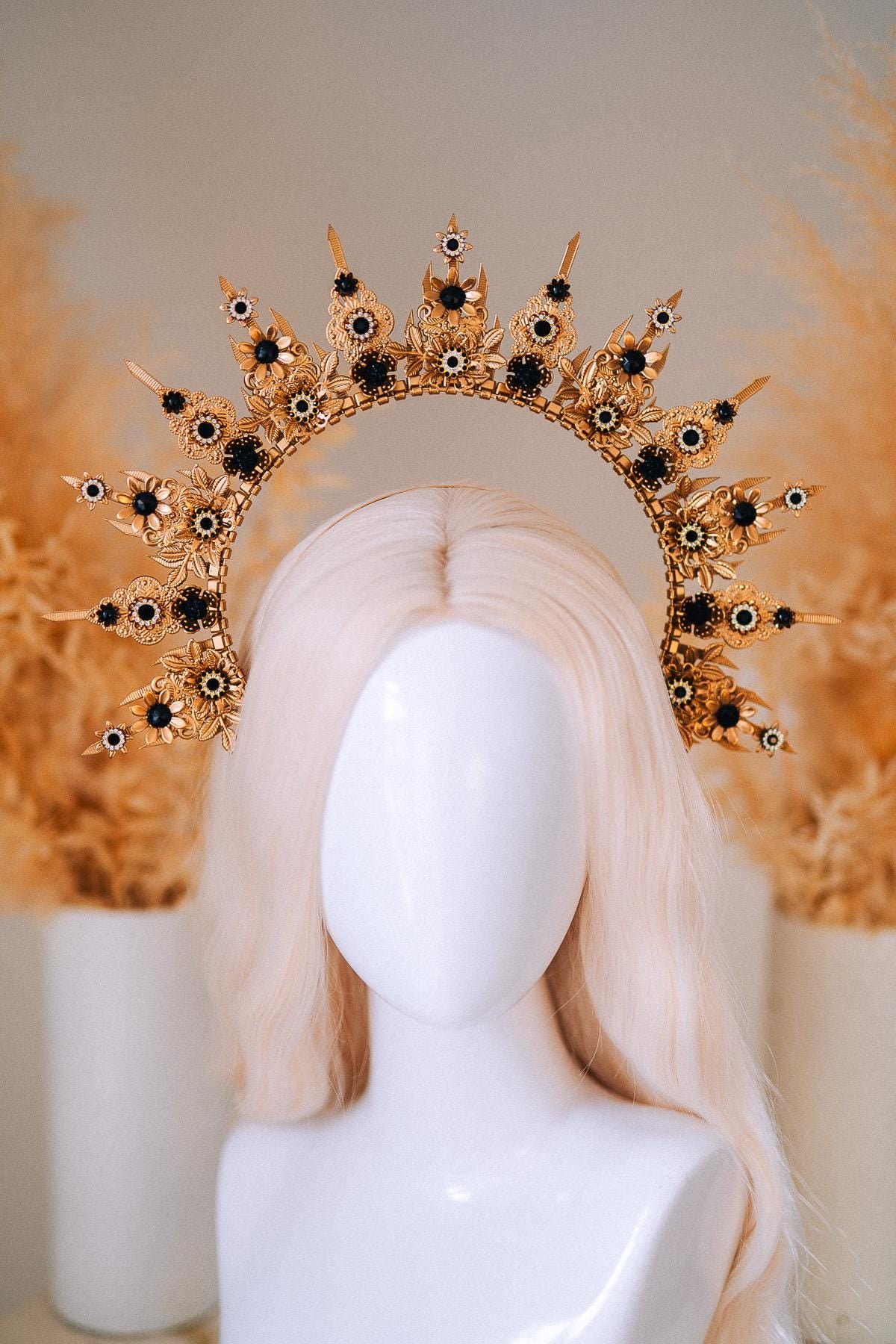 Gold Celestial Halo Crown with Black Crystals, Venetian Masquerade Headpiece