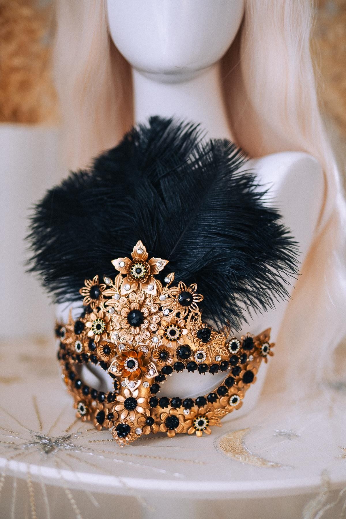 Gold Peacock Masquerade Mask with Black Crystals and Feathers – Venetian Costume Accessory