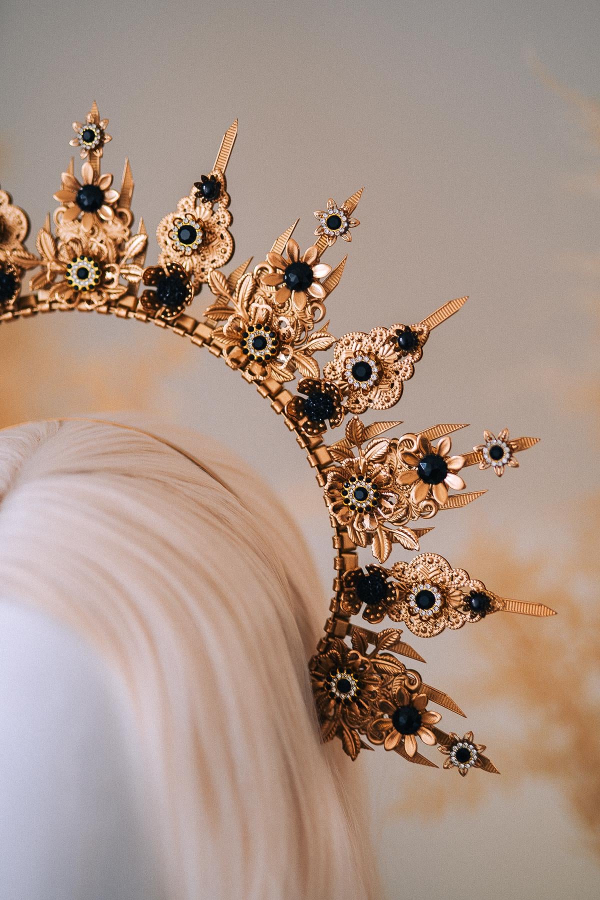 Gold Peacock Masquerade Mask with Black Crystals and Feathers – Venetian Costume Accessory