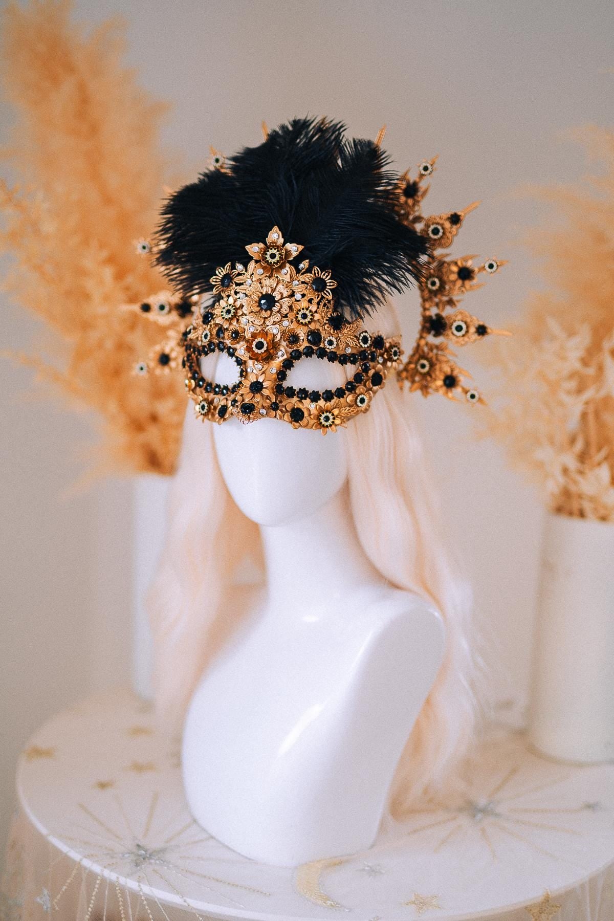 Gold Peacock Masquerade Mask with Black Crystals and Feathers – Venetian Costume Accessory