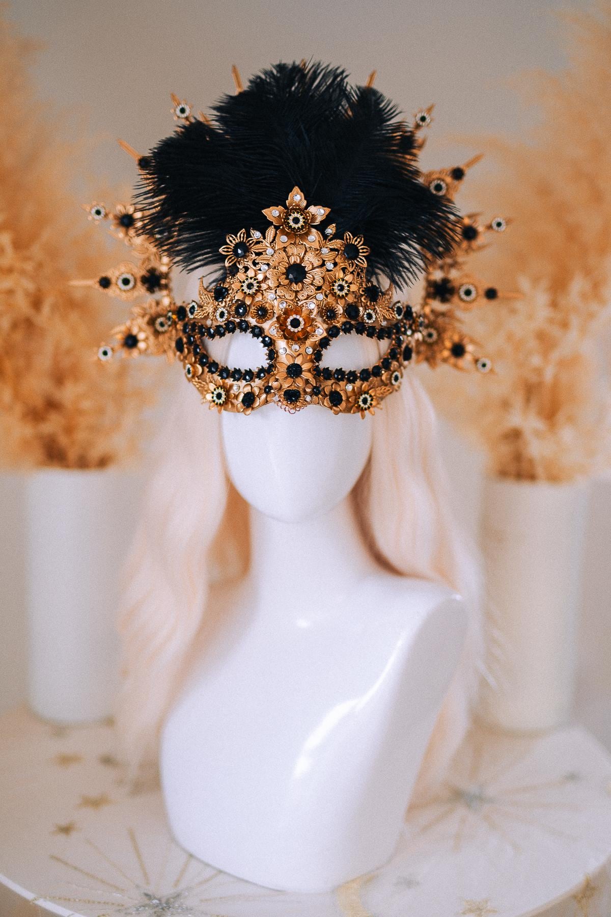 Gold Peacock Masquerade Mask with Black Crystals and Feathers – Venetian Costume Accessory