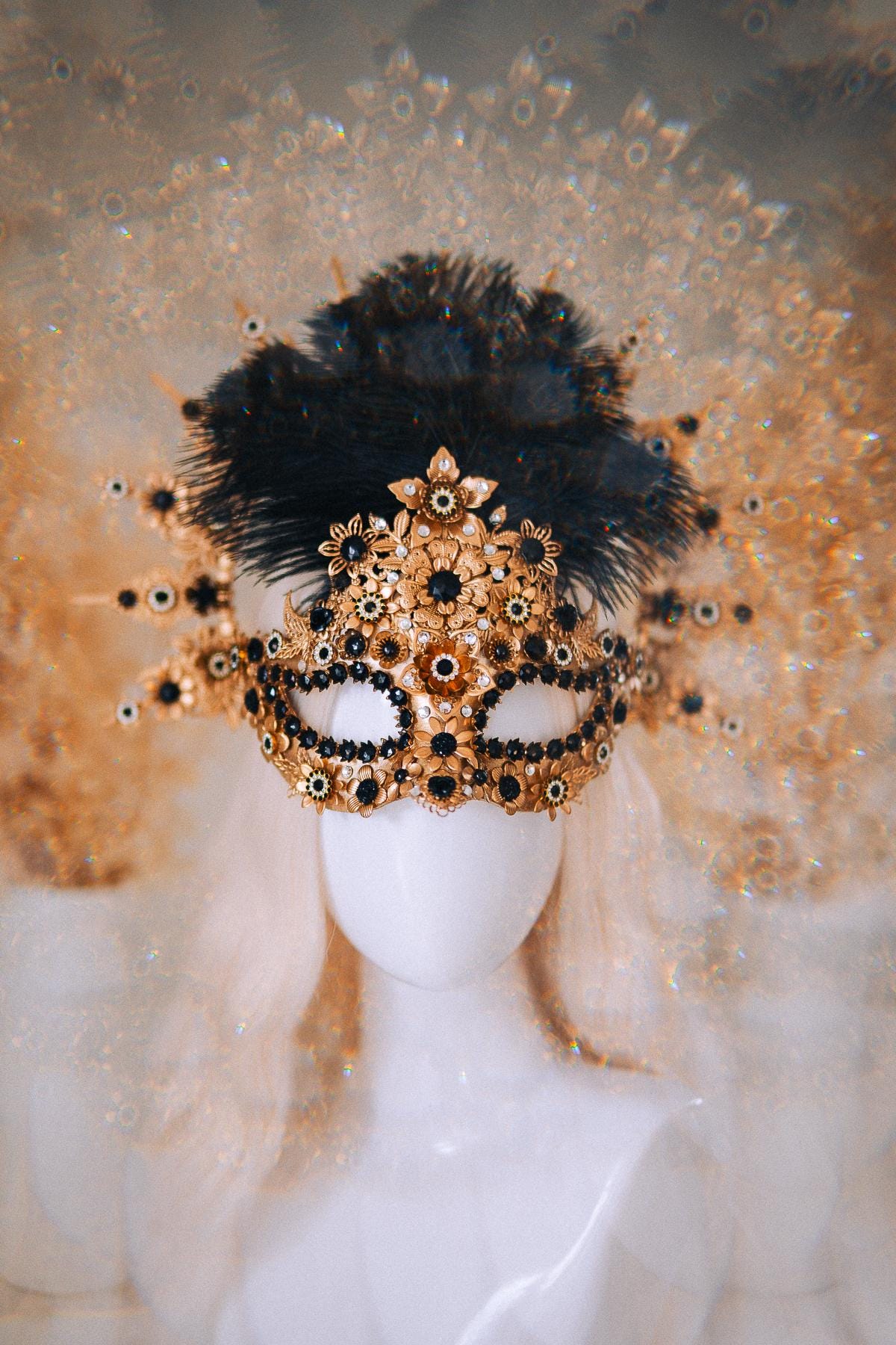 Gold Peacock Masquerade Mask with Black Crystals and Feathers – Venetian Costume Accessory