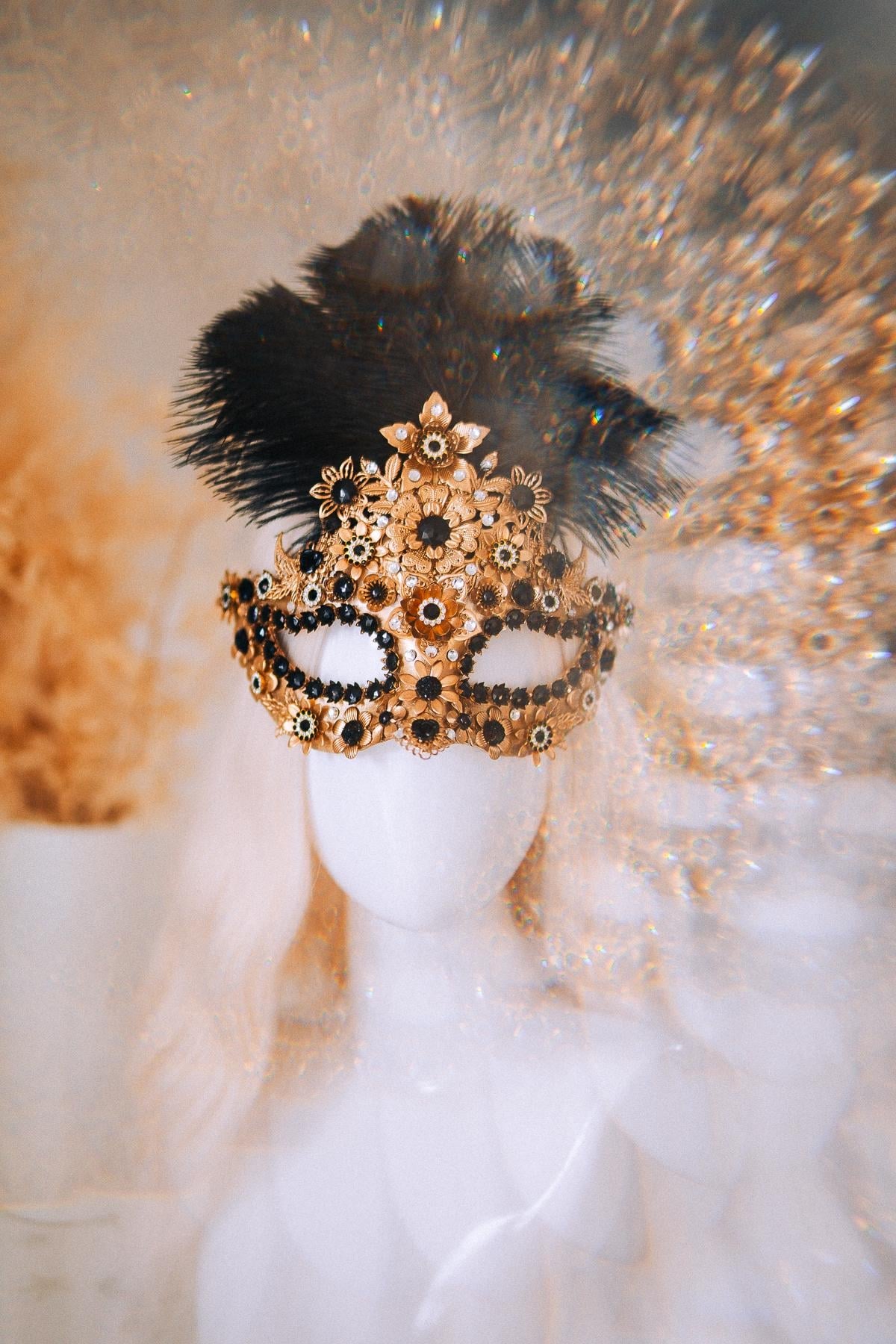 Gold Peacock Masquerade Mask with Black Crystals and Feathers – Venetian Costume Accessory