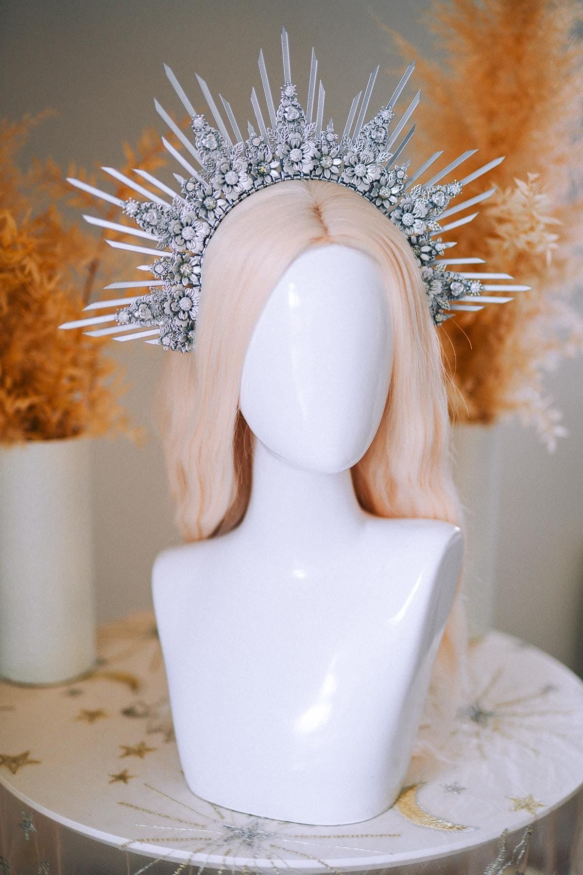 Silver Goddess Halo Crown Celestial Radiant Headpiece Festival Wedding Statement Crown