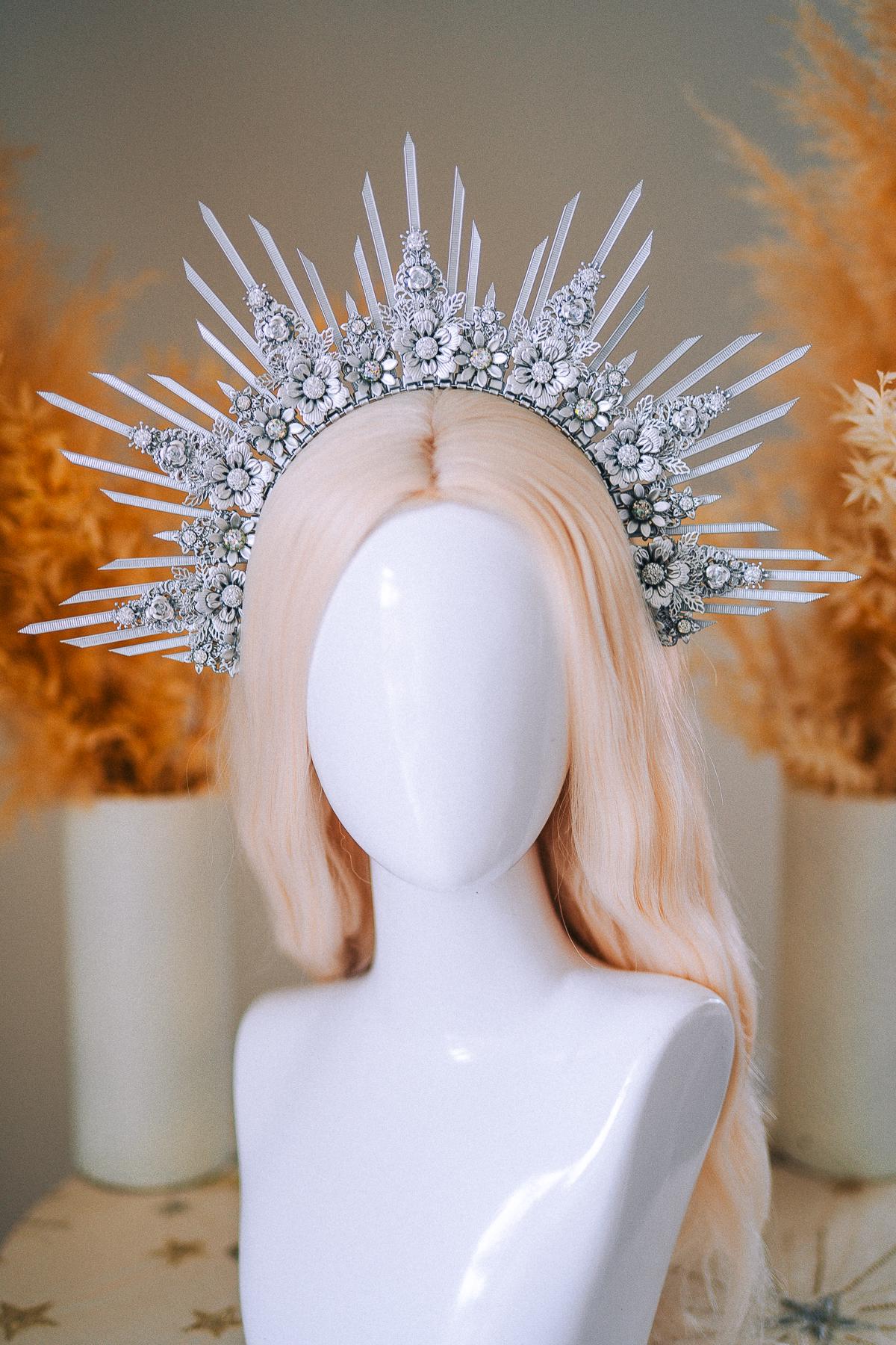 Silver Goddess Halo Crown Celestial Radiant Headpiece Festival Wedding Statement Crown