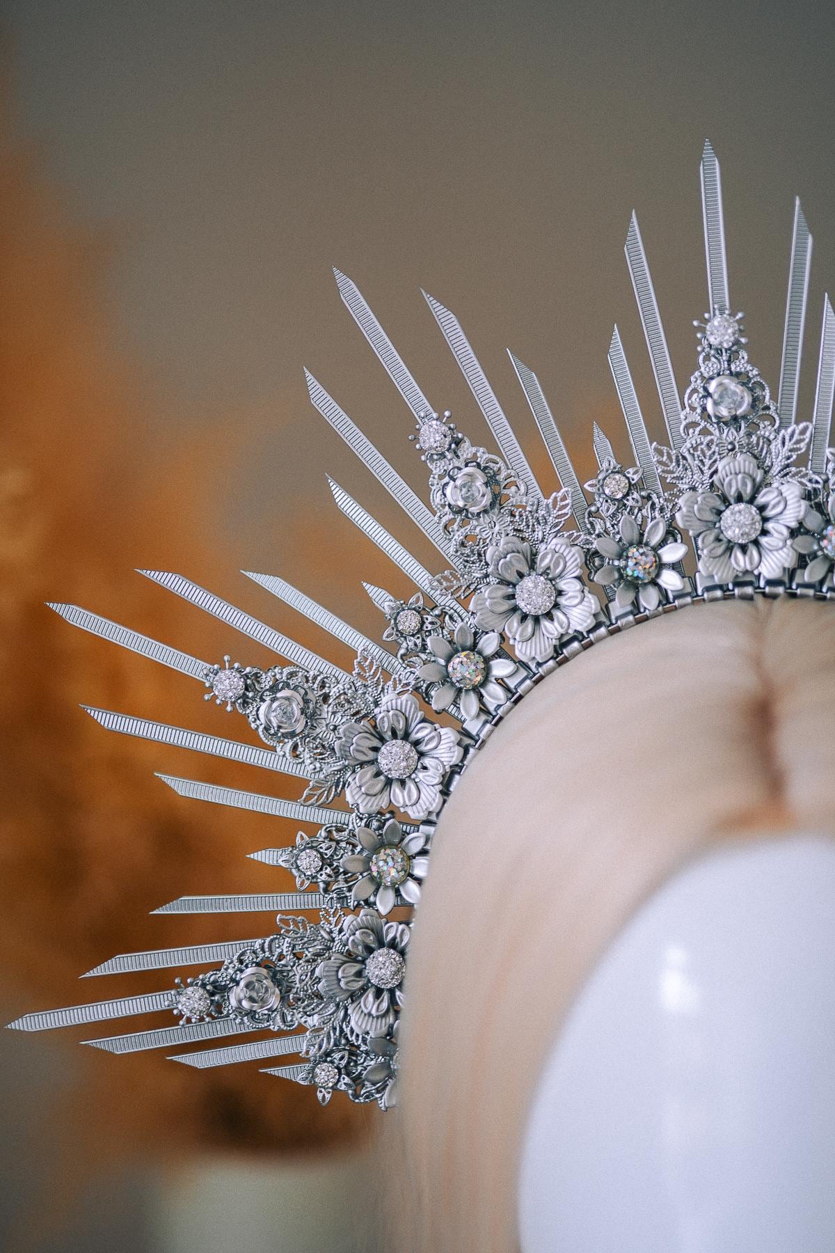 Silver Goddess Halo Crown Celestial Radiant Headpiece Festival Wedding Statement Crown