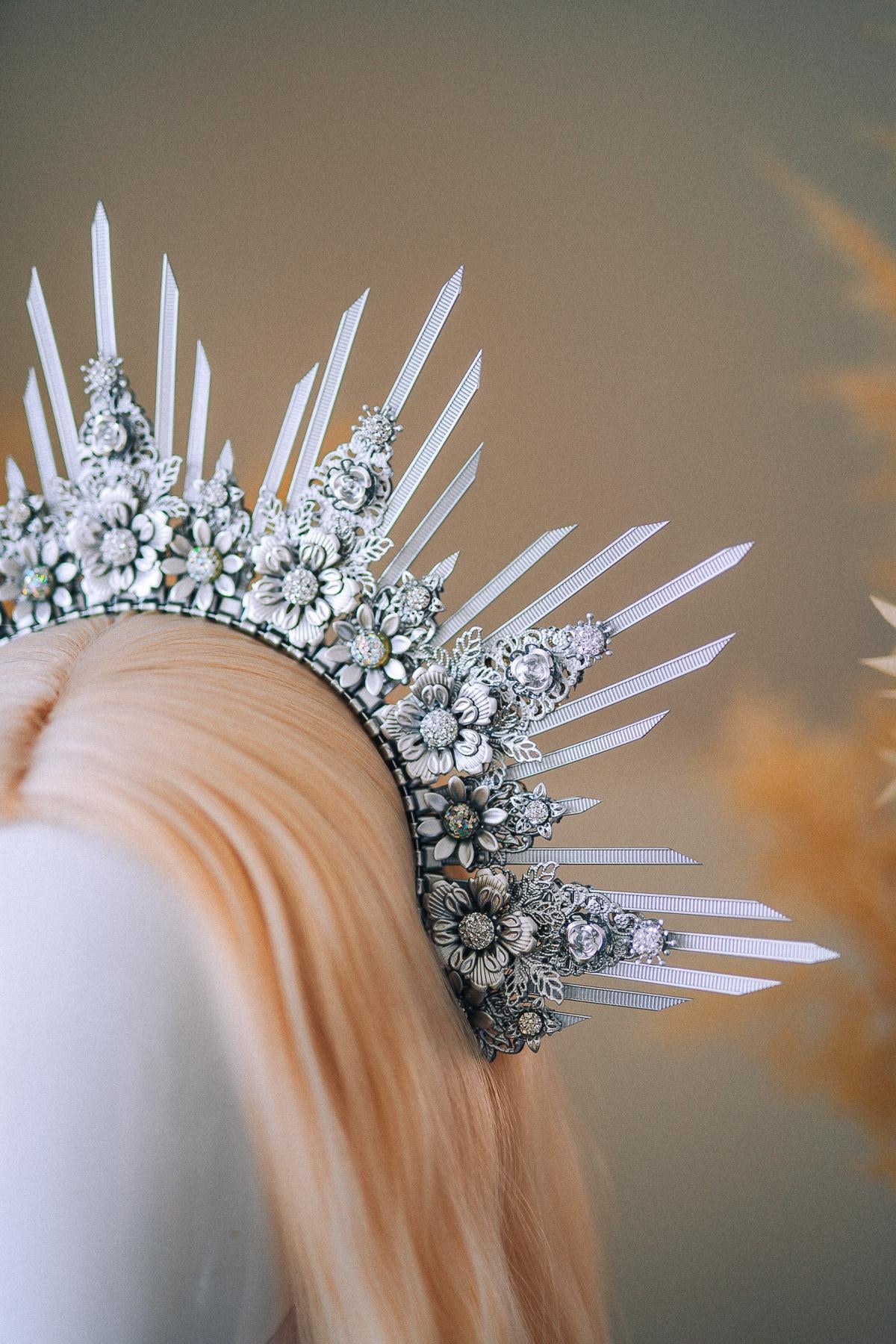 Silver Goddess Halo Crown Celestial Radiant Headpiece Festival Wedding Statement Crown