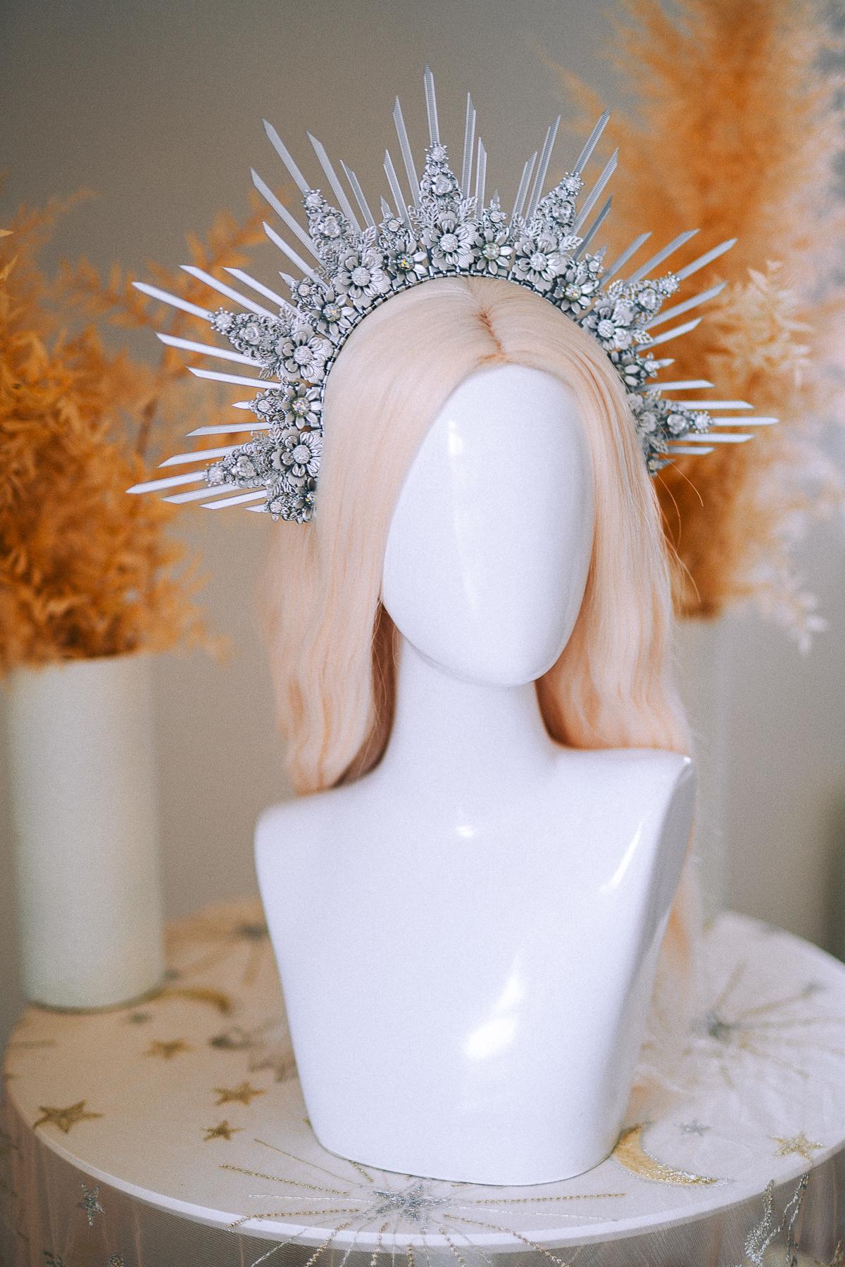 Silver Goddess Halo Crown Celestial Radiant Headpiece Festival Wedding Statement Crown