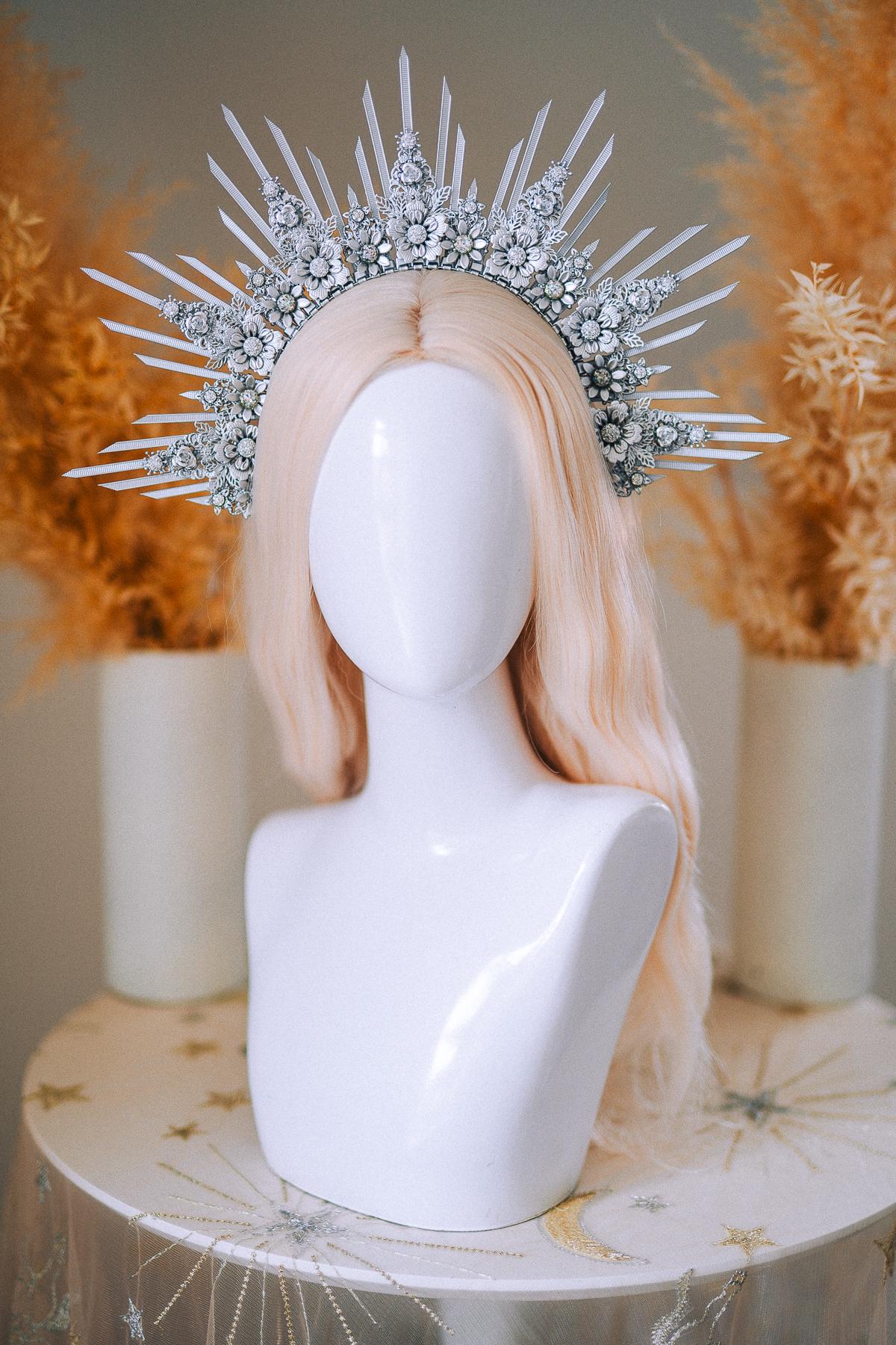Silver Goddess Halo Crown Celestial Radiant Headpiece Festival Wedding Statement Crown