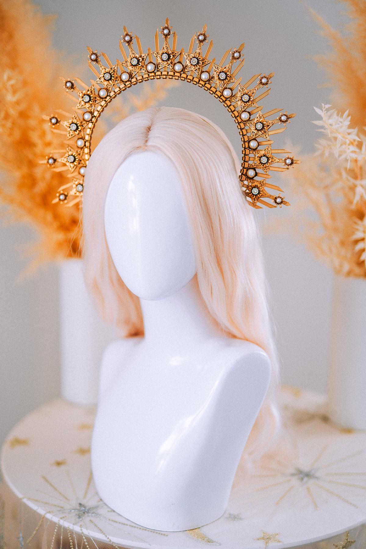 Gold Goddess Halo Crown Celestial Star Headpiece Wedding Festival Statement Crown