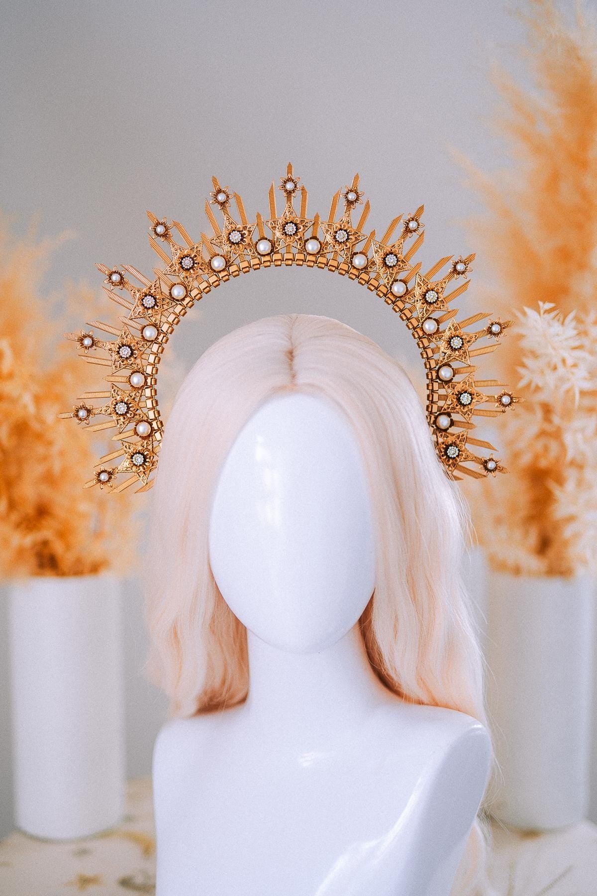 Gold Goddess Halo Crown Celestial Star Headpiece Wedding Festival Statement Crown