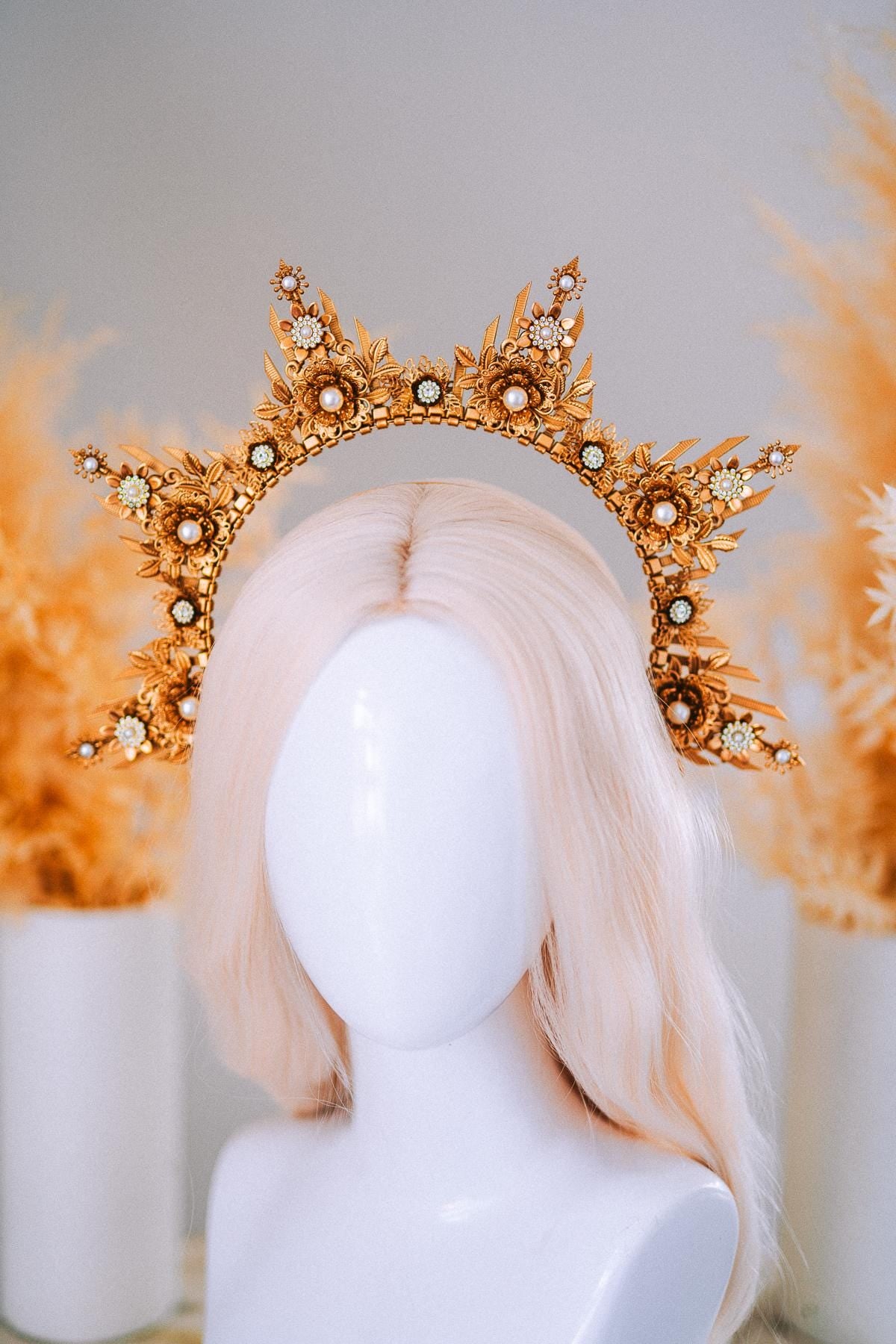 Gold Floral Halo Crown Goddess Headpiece Wedding Festival Statement Crown