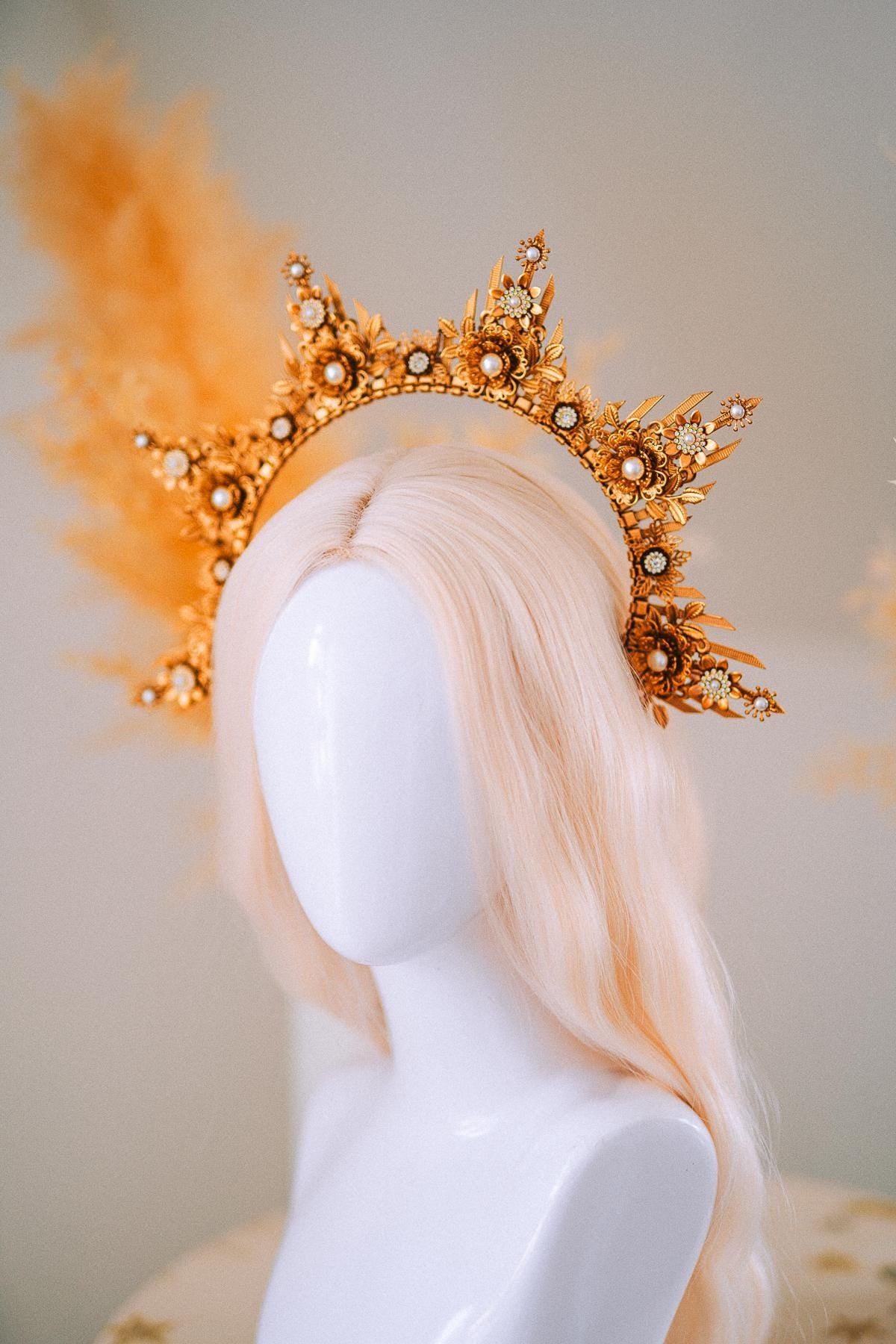 Gold Floral Halo Crown Goddess Headpiece Wedding Festival Statement Crown