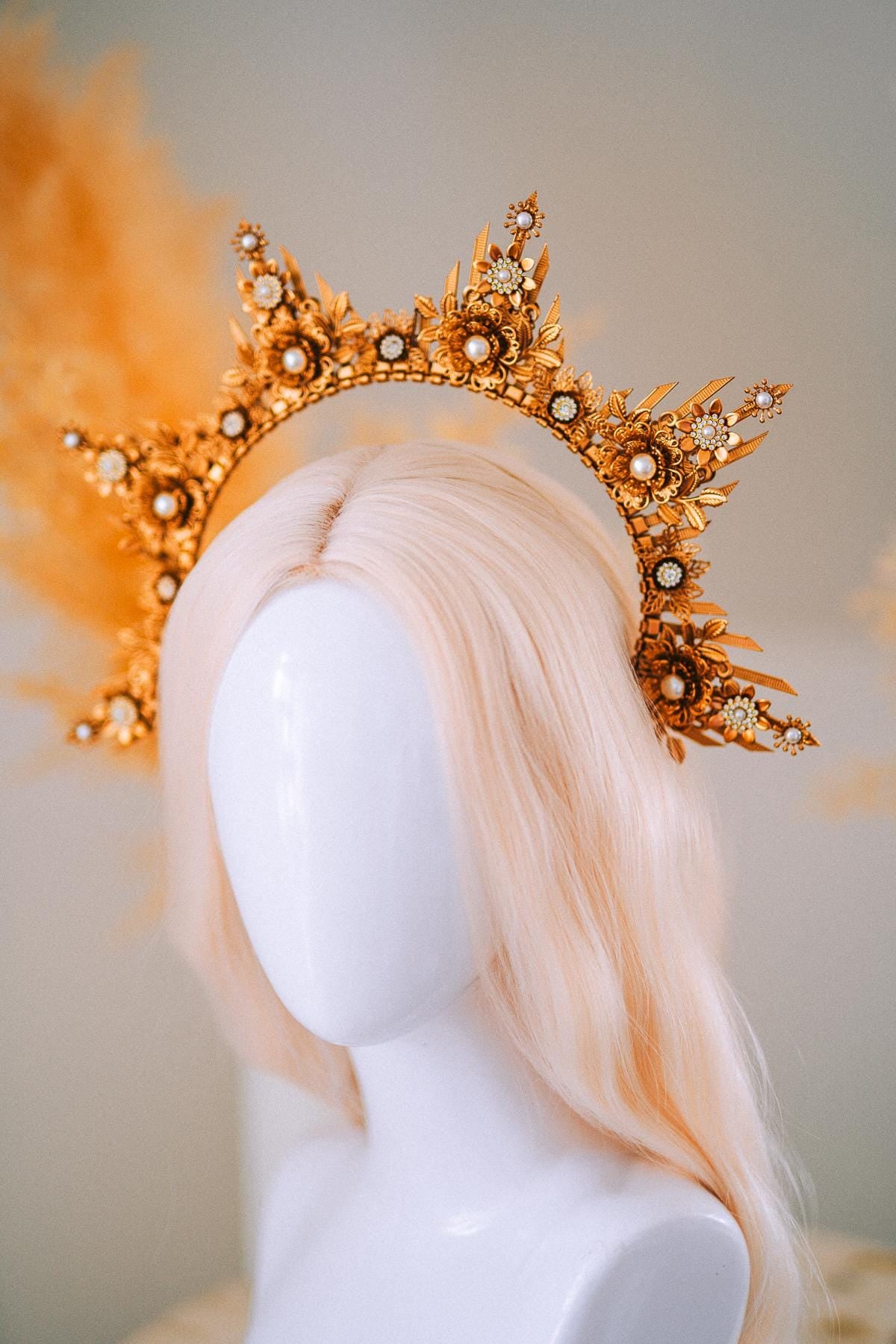 Gold Floral Halo Crown Goddess Headpiece Wedding Festival Statement Crown