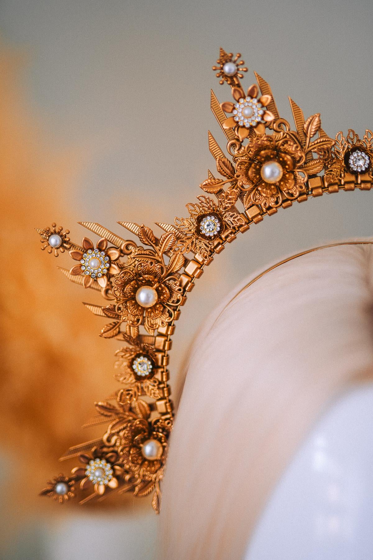 Gold Floral Halo Crown Goddess Headpiece Wedding Festival Statement Crown