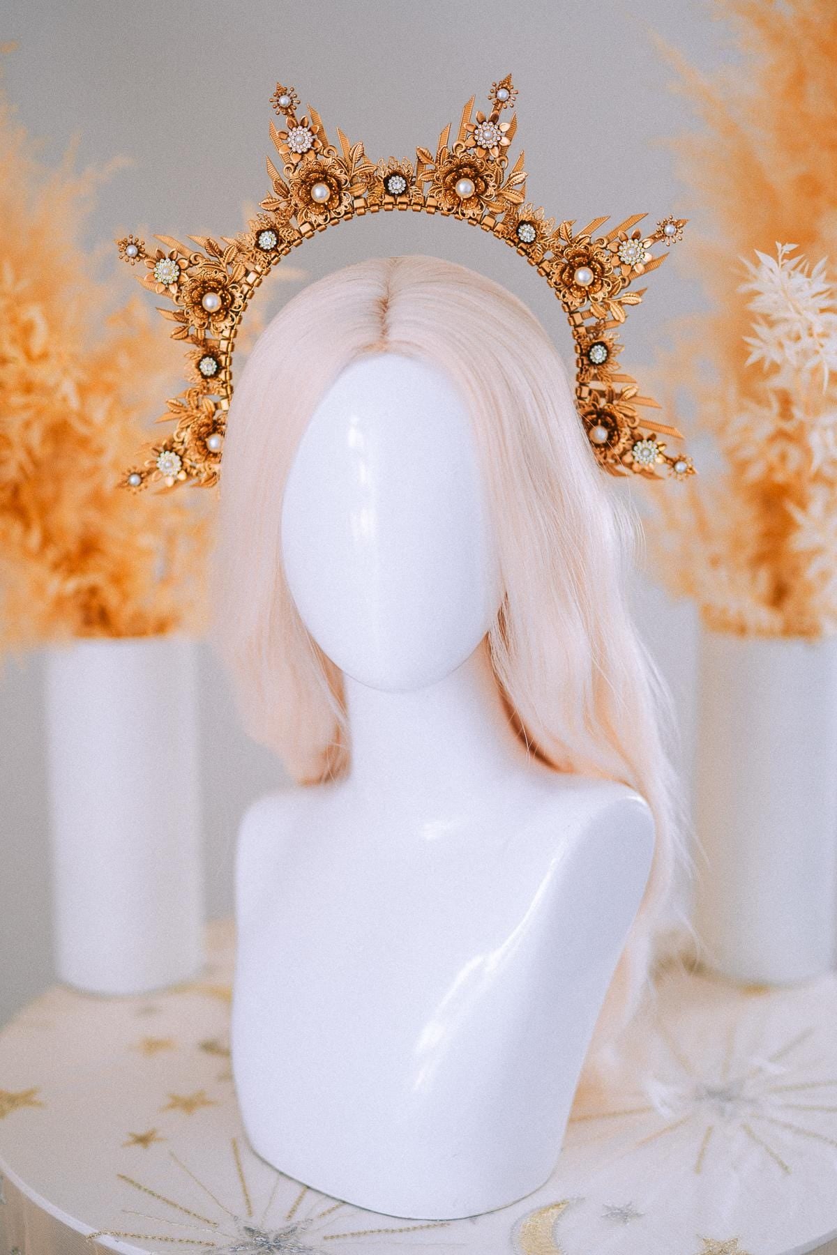Gold Floral Halo Crown Goddess Headpiece Wedding Festival Statement Crown