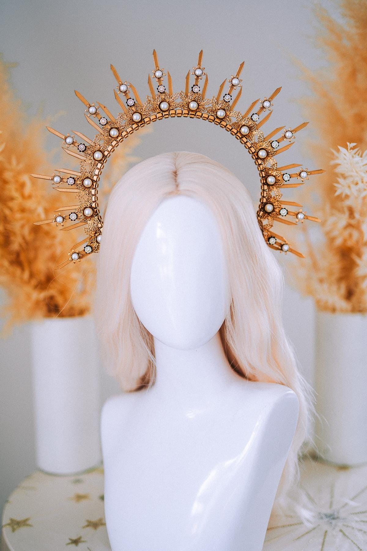 Gold Pearl Halo Crown Goddess Headpiece Celestial Wedding Festival Statement Crown