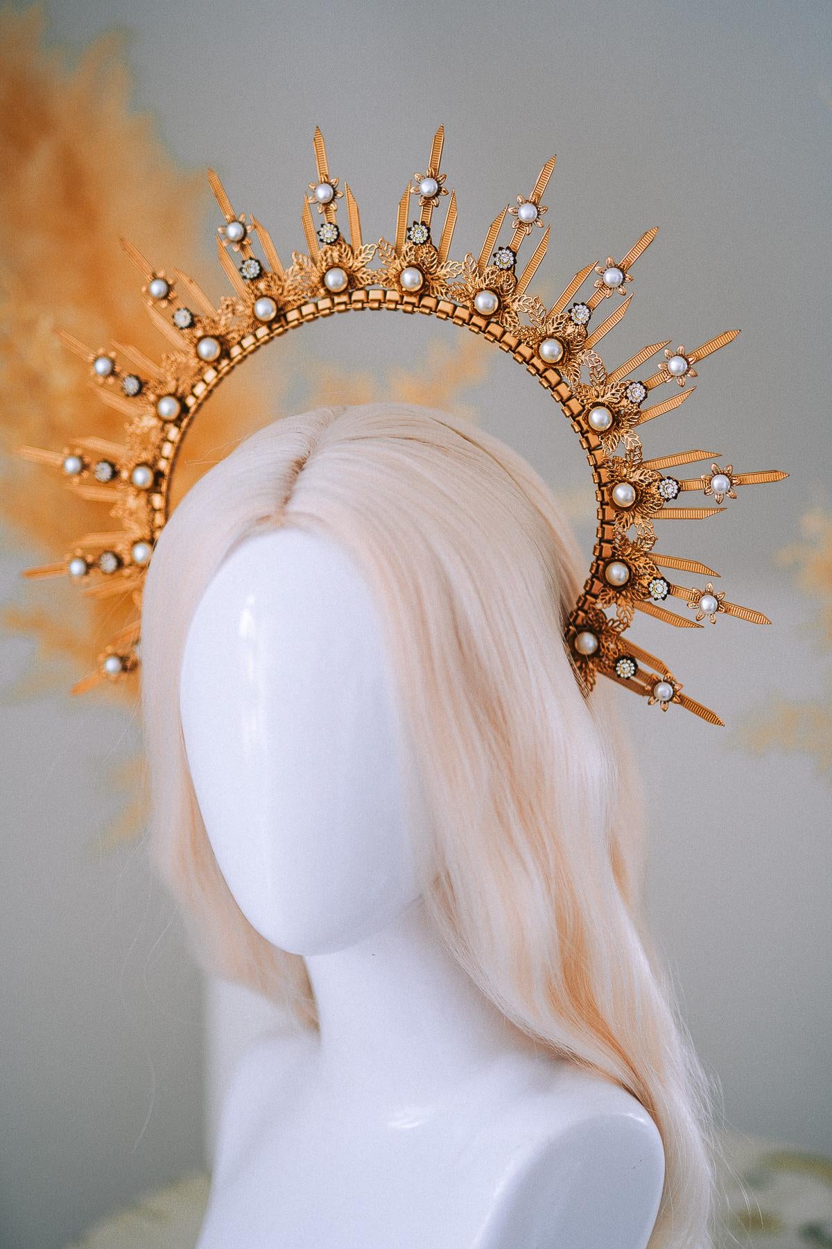 Gold Pearl Halo Crown Goddess Headpiece Celestial Wedding Festival Statement Crown