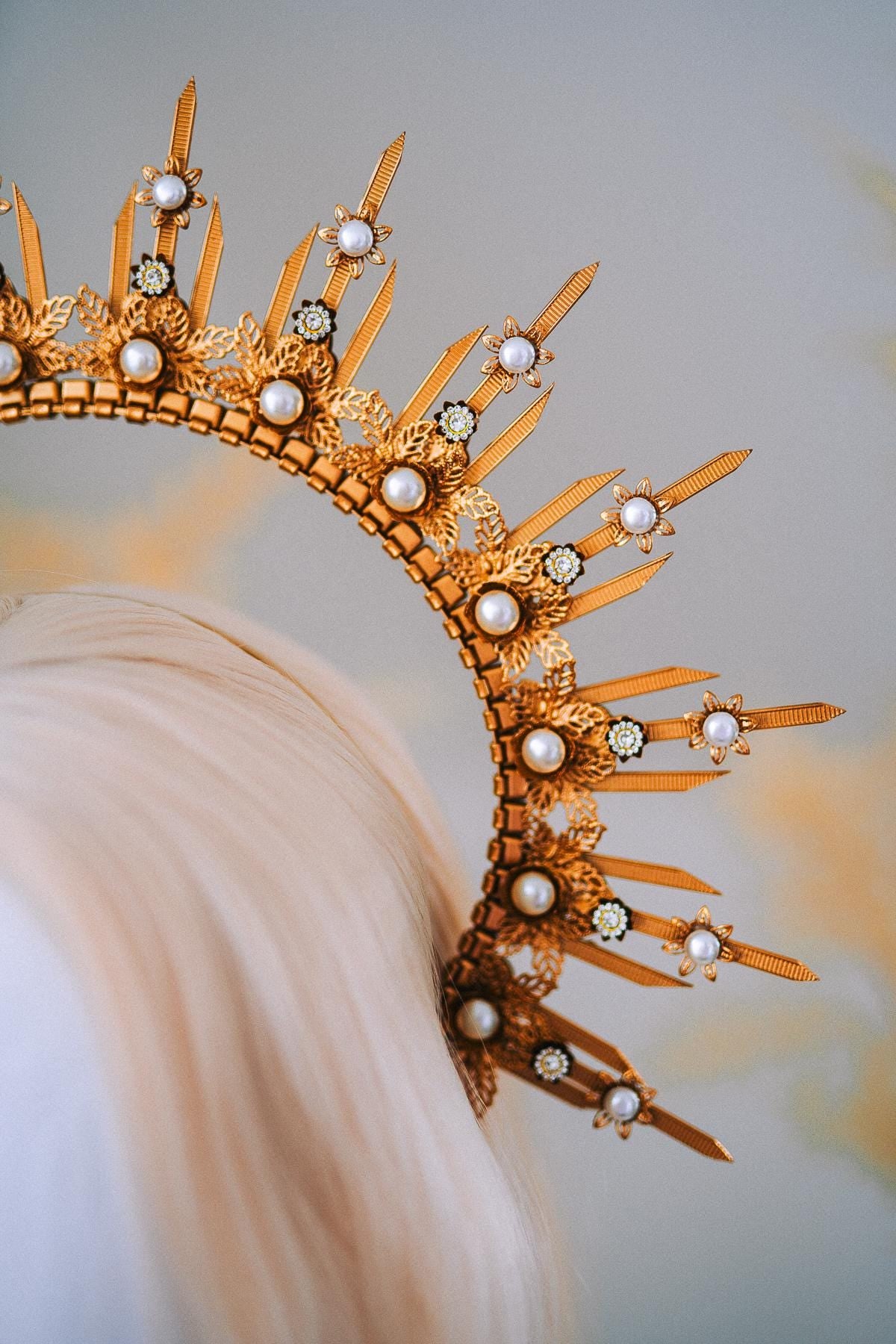 Gold Pearl Halo Crown Goddess Headpiece Celestial Wedding Festival Statement Crown
