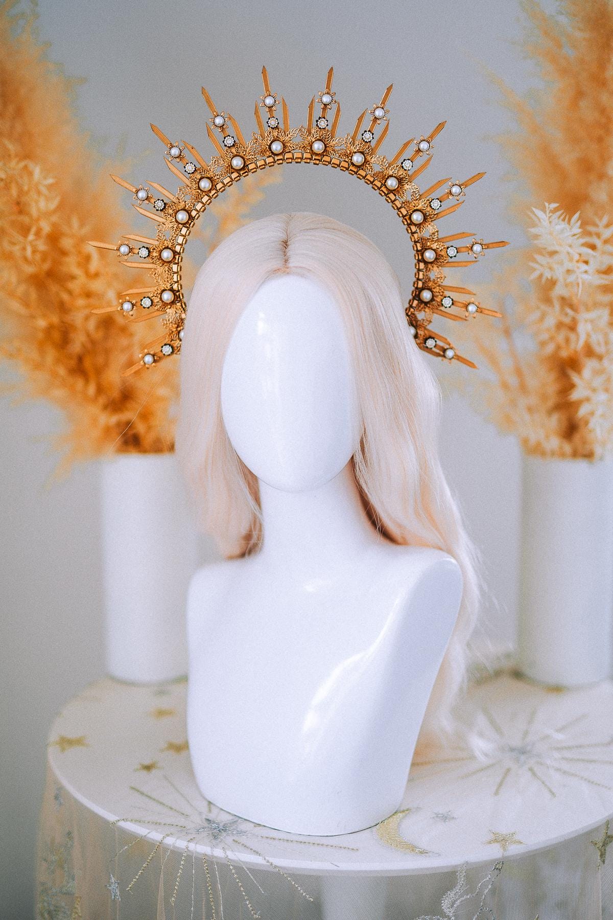 Gold Pearl Halo Crown Goddess Headpiece Celestial Wedding Festival Statement Crown